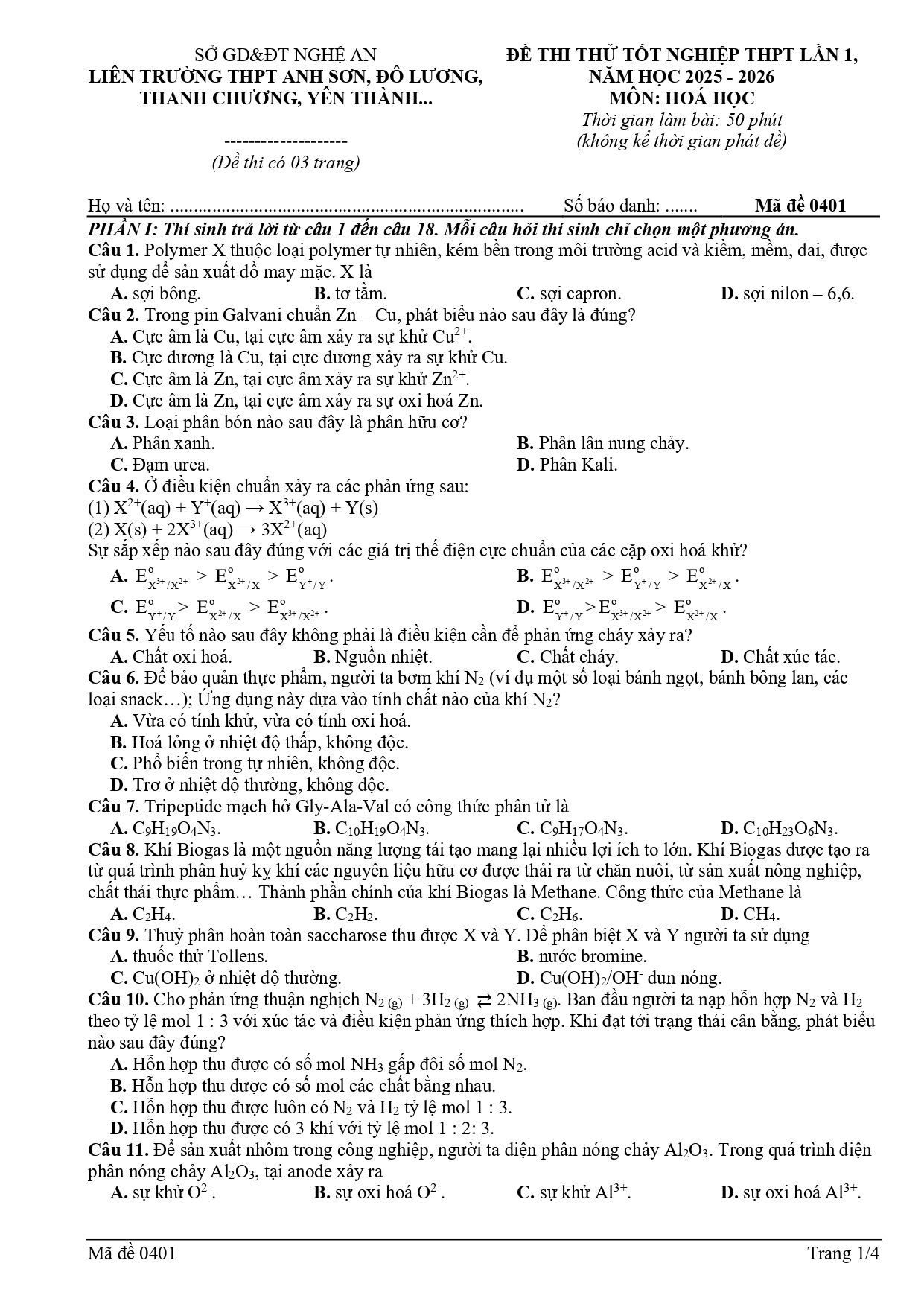 Đề thi thử Tốt nghiệp THPT Hóa học 2025 - 2026 Liên Trường THPT Anh Sơn, Đô Lương, Thanh Chương, Yên Thành (Nghệ An)