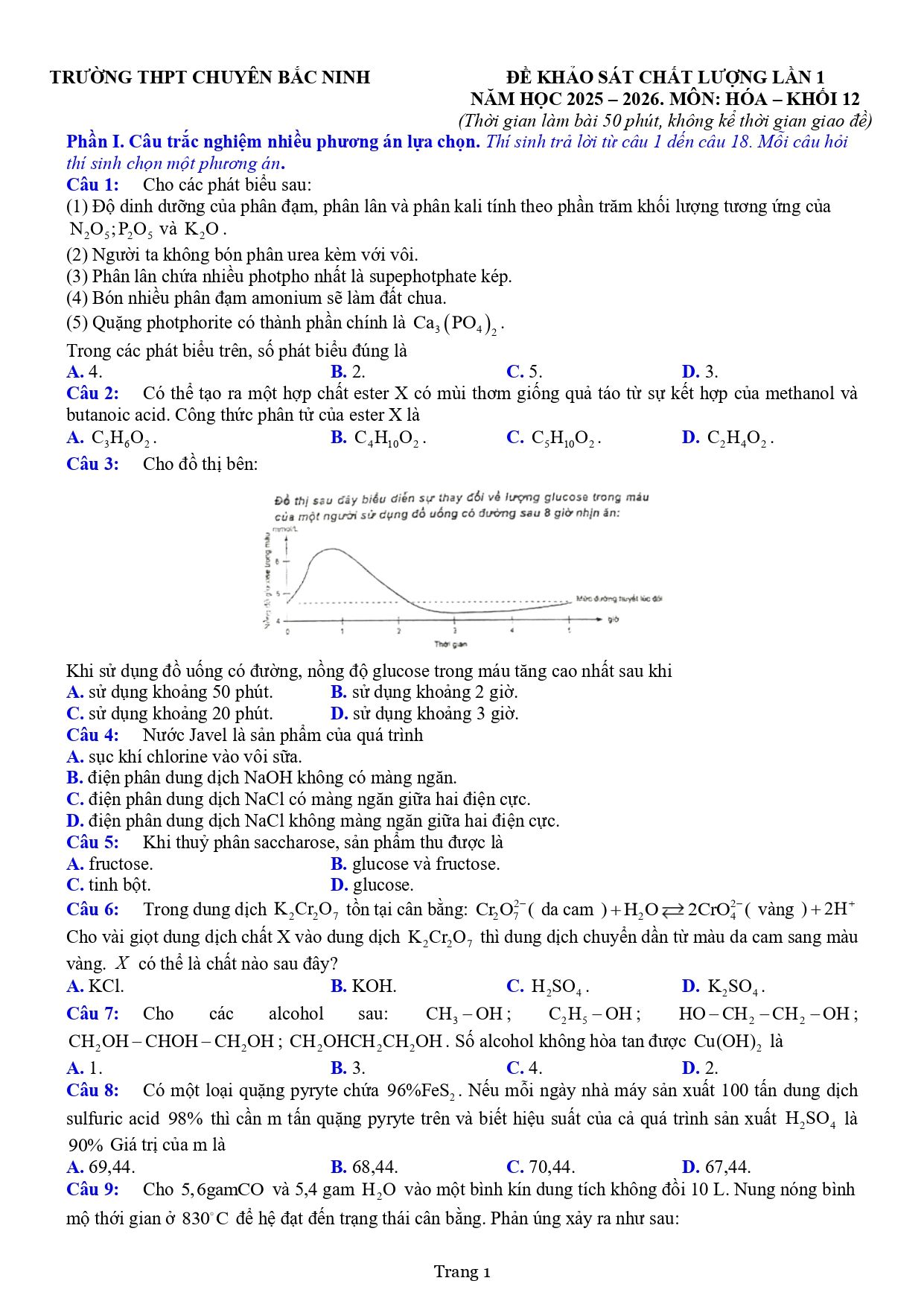 Đề thi thử Tốt nghiệp THPT Hóa học 2025 - 2026 trường THPT Chuyên Bắc Ninh (Bắc Ninh)