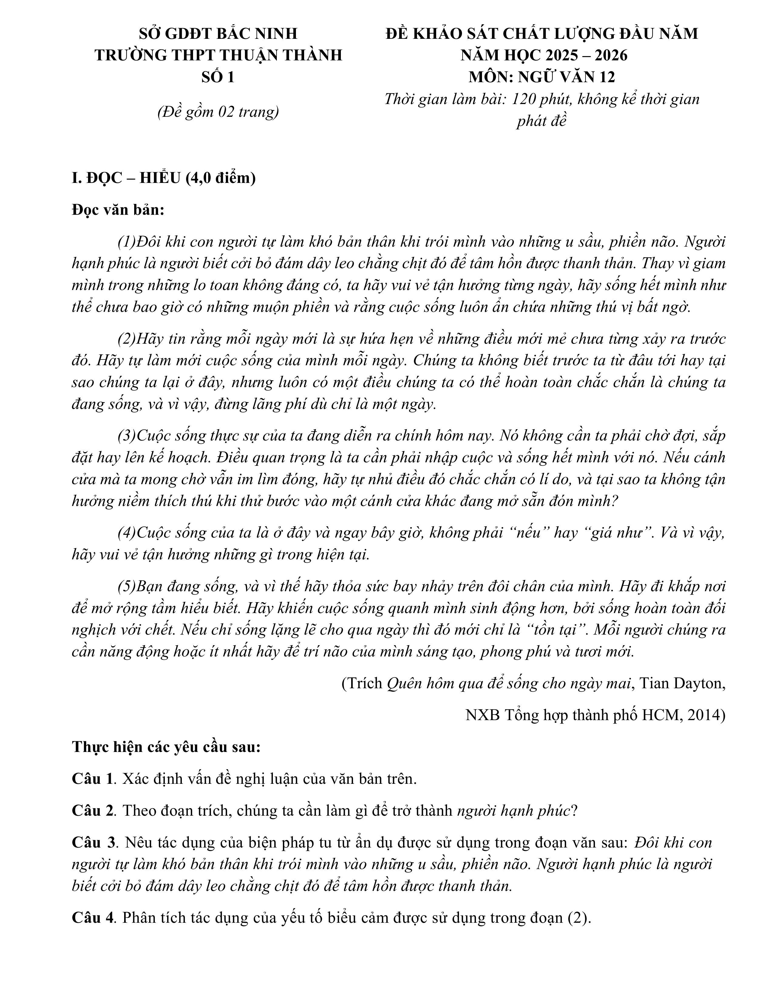 Đề thi thử Tốt nghiệp THPT Ngữ Văn 2025-2026 trường THPT Thuận Thành 1 (Bắc Ninh)
