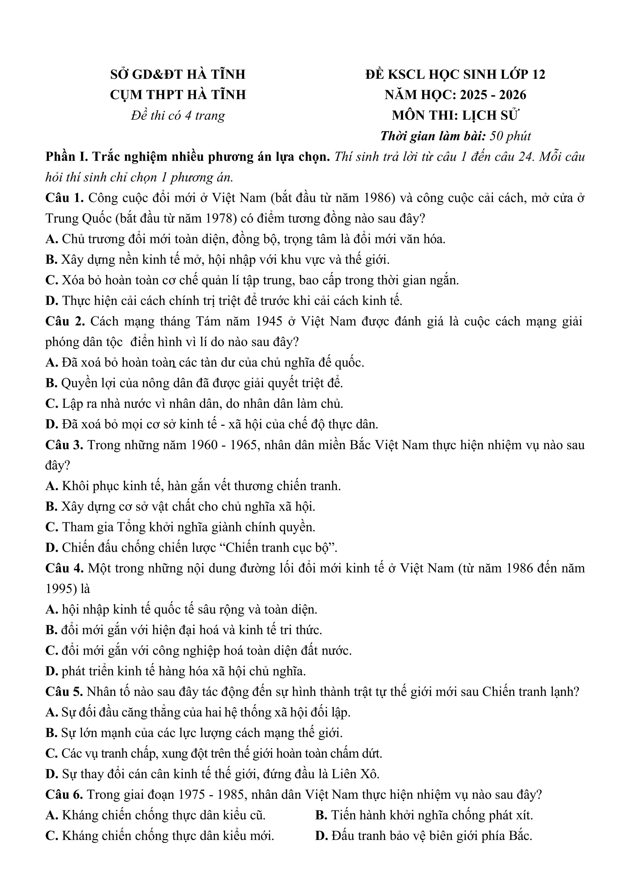 Đề thi thử Tốt nghiệp THPT Lịch sử 2025-2026 cụm THPT Hà Tĩnh