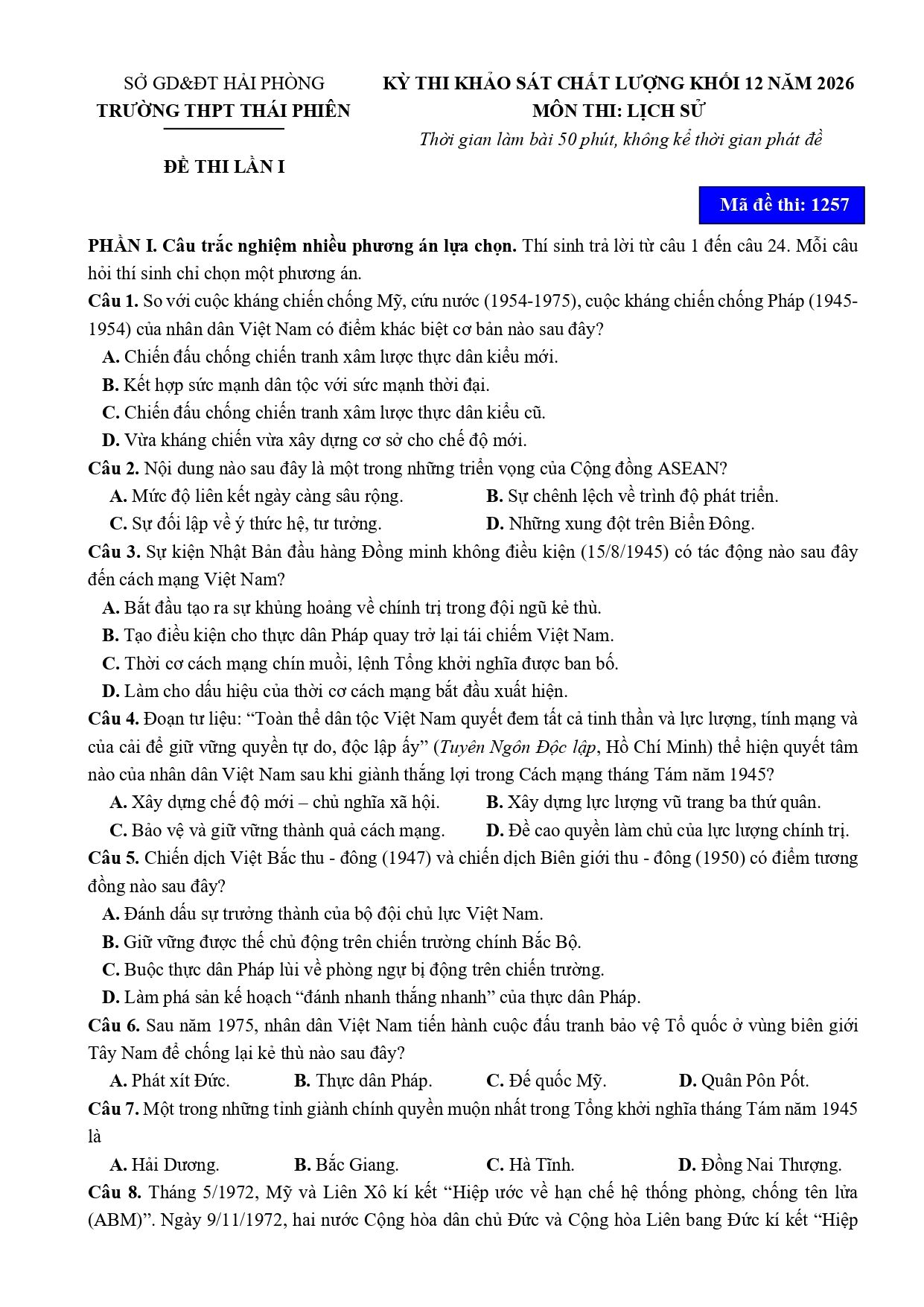 Đề thi thử Tốt nghiệp THPT Lịch sử 2025-2026 trường THPT Thái Phiên (Hải Phòng)