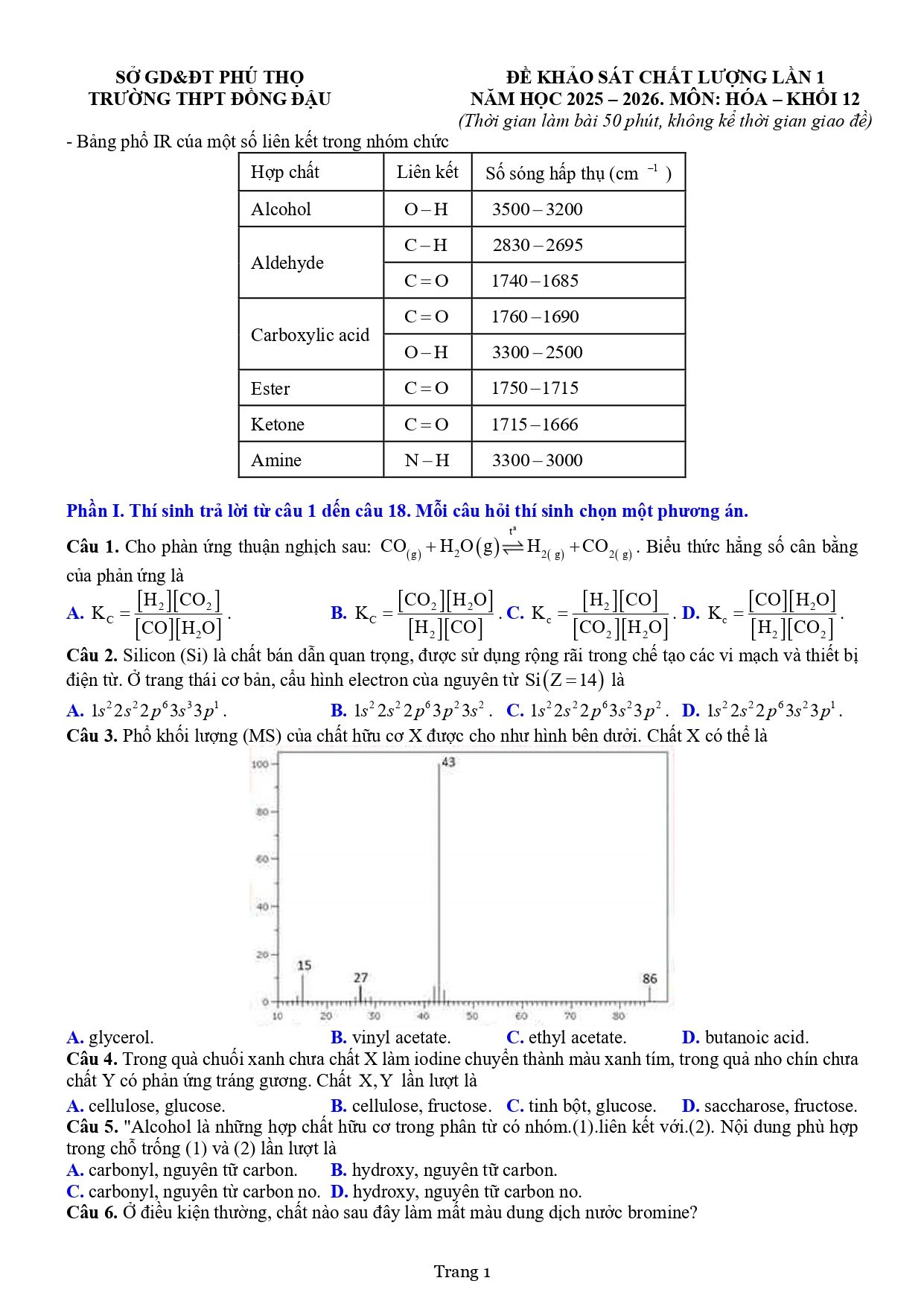 Đề thi thử Tốt nghiệp THPT Hóa học 2025 - 2026 trường THPT Đồng Đậu (Phú Thọ)