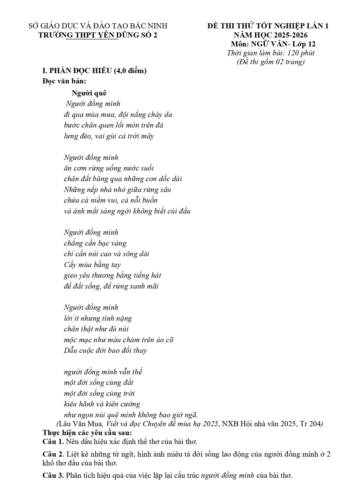 Đề thi thử Tốt nghiệp THPT Ngữ Văn 2025-2026 trường THPT Yên Dũng số 2 (Bắc Ninh)
