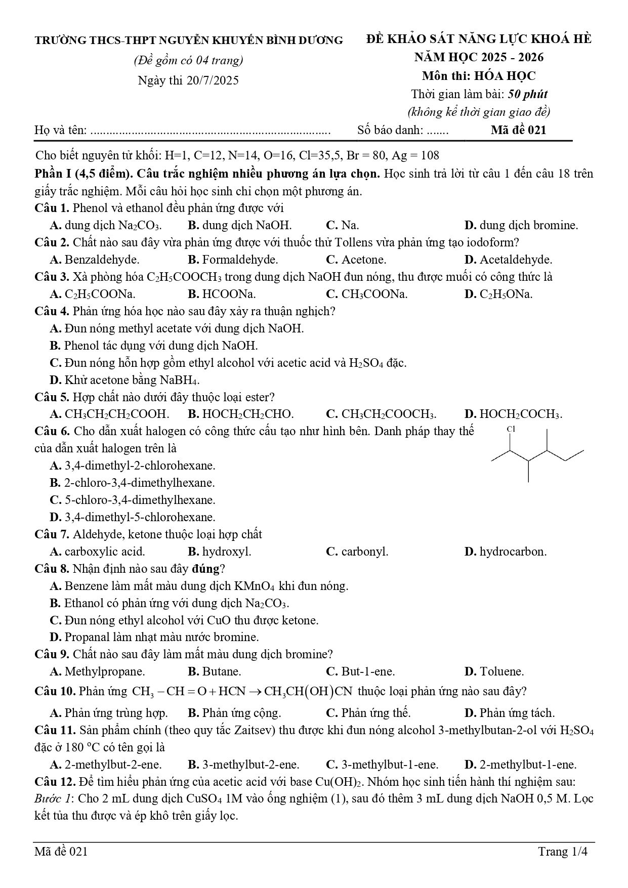 Đề thi thử Tốt nghiệp THPT Hóa học 2025 - 2026 trường THCS&THPT Nguyễn Khuyến (Bình Dương)