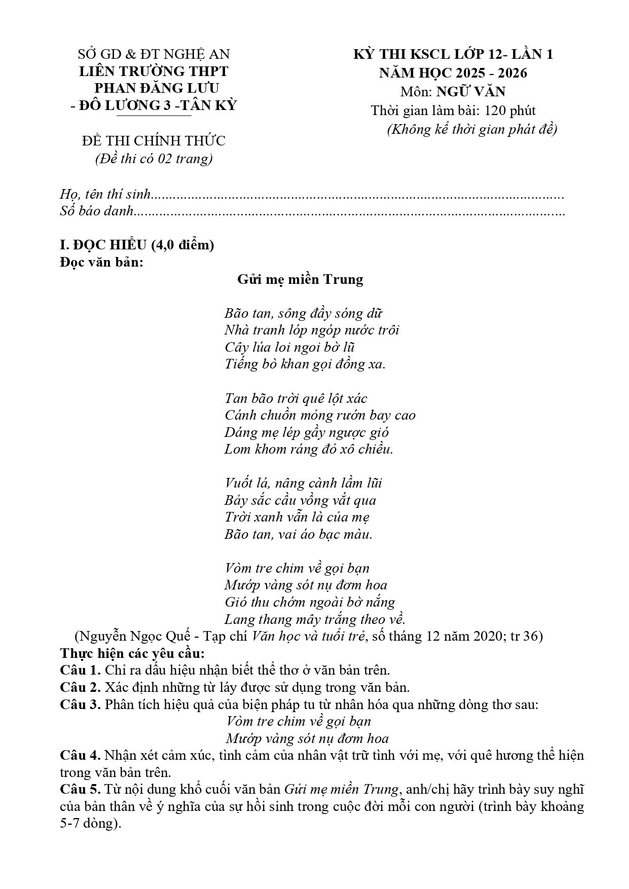 Đề thi thử Tốt nghiệp THPT Ngữ Văn 2025-2026 Liên trường THPT Phan Đăng Lưu, Đô Lương 3, Tân Kỳ (Nghệ An)