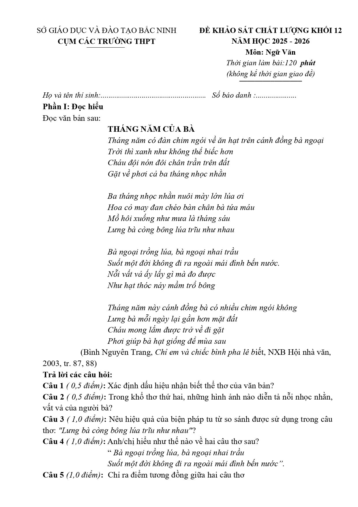 Đề thi thử Tốt nghiệp THPT Ngữ Văn 2025-2026 Cụm các trường THPT Bắc Ninh