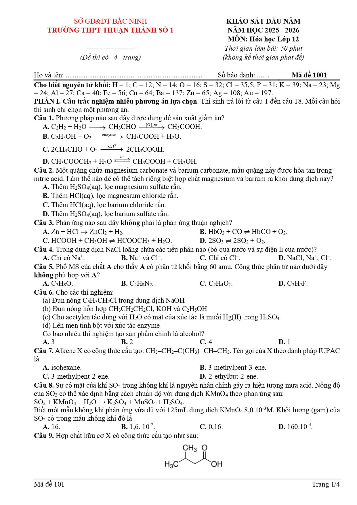Đề thi thử Tốt nghiệp THPT Hóa học 2025 - 2026 trường THPT Thuận Thành (Bắc Ninh)