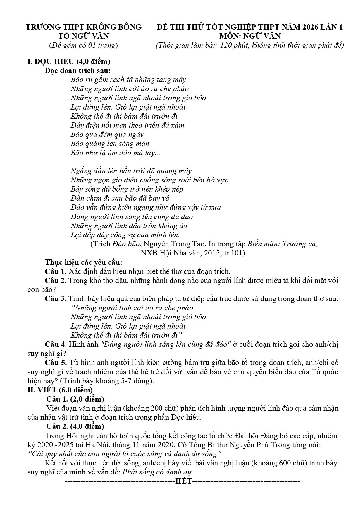 Đề thi thử Tốt nghiệp THPT Ngữ Văn 2025-2026 trường THPT Krông Bông (Đăk Lăk)
