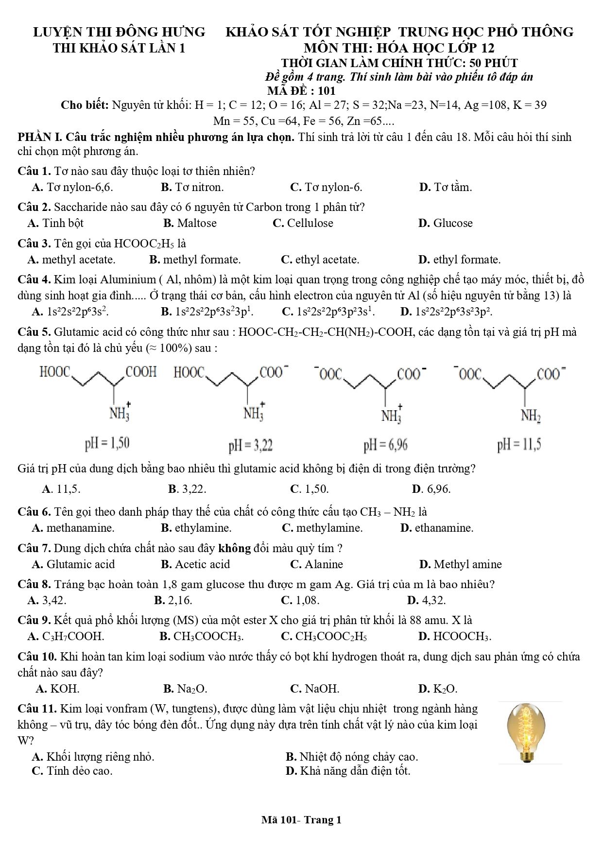 Đề thi thử Tốt nghiệp THPT Hóa học 2025 - 2026 trường THPT Đông Hưng