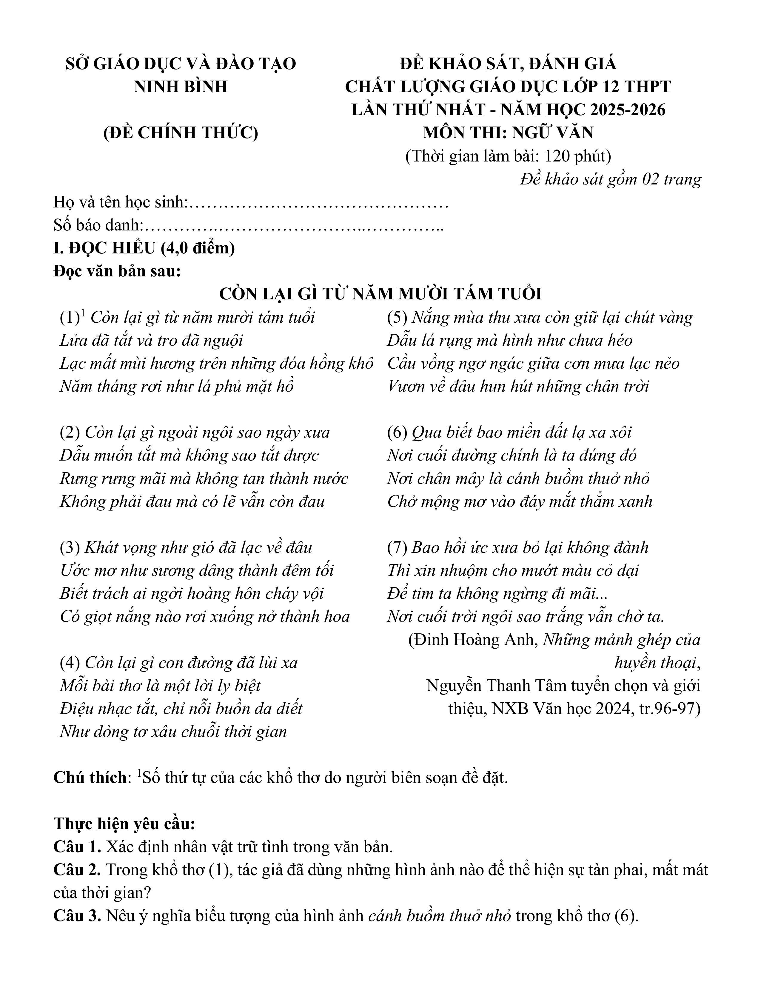 Đề thi thử Tốt nghiệp THPT Ngữ Văn 2025-2026 Sở GD&ĐT Ninh Bình