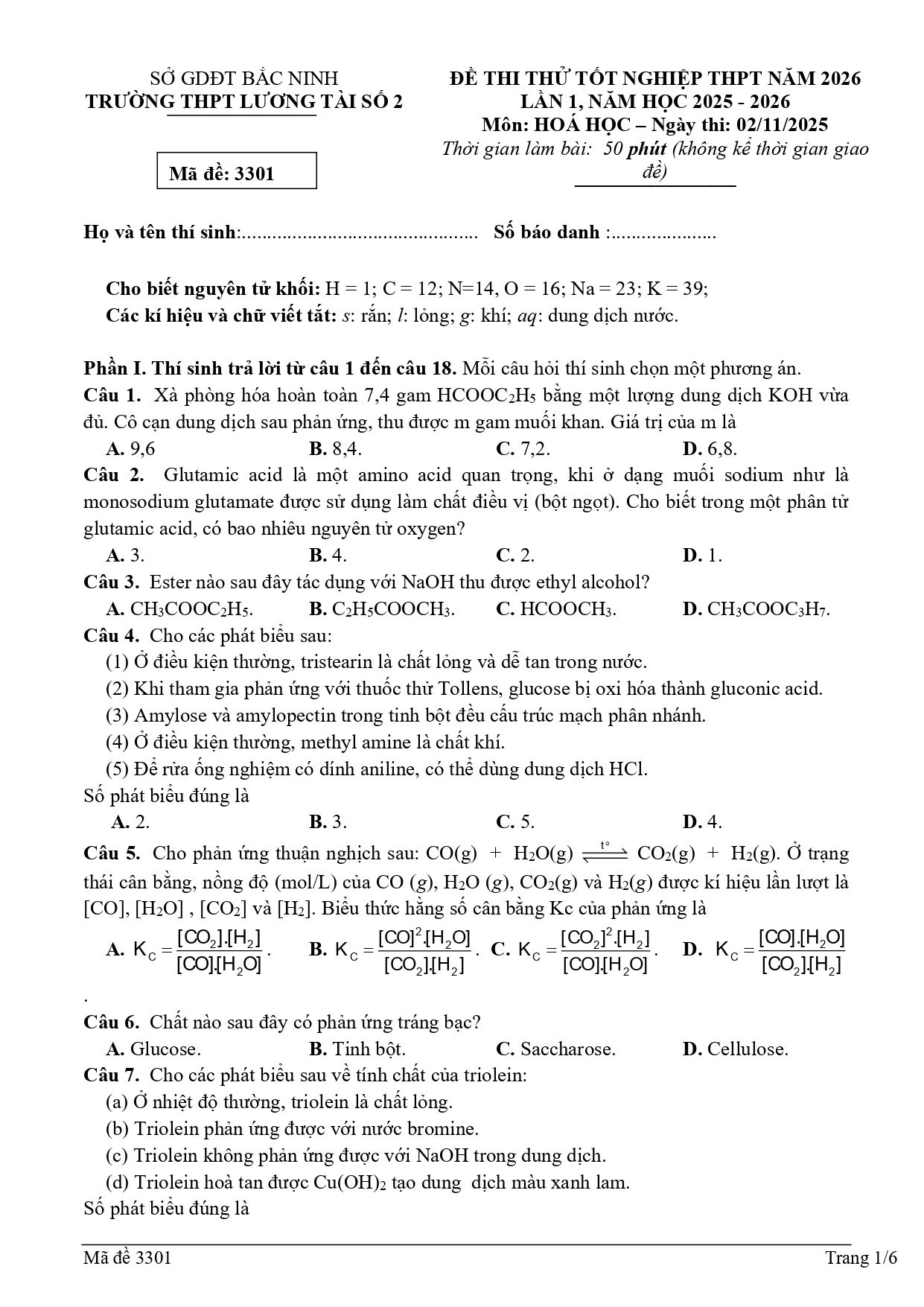Đề thi thử Tốt nghiệp THPT Hóa học 2025 - 2026 trường THPT Lương Tài (Bắc Ninh)