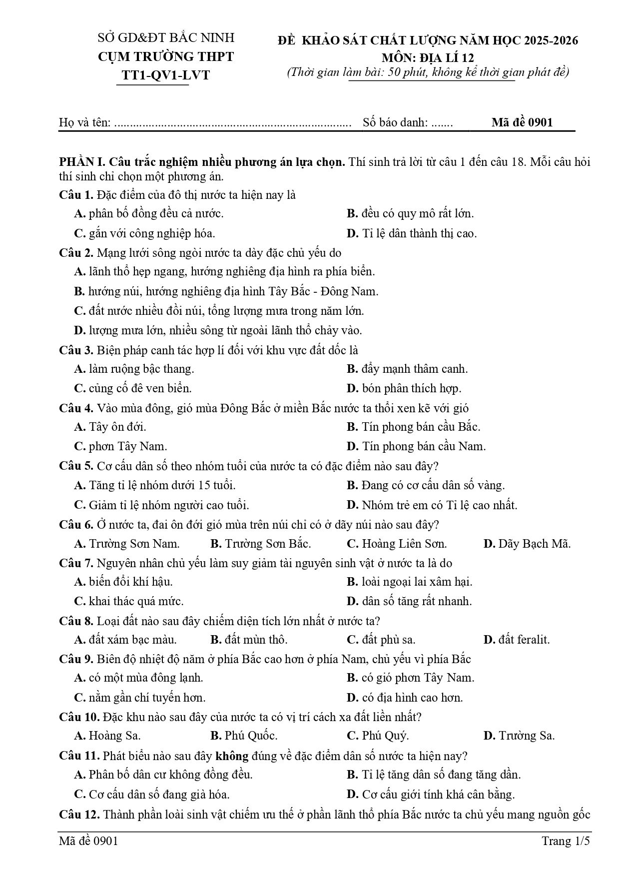 Đề thi thử Tốt nghiệp THPT Địa lí 2025-2026 Cụm Trường TT1-QV1-LVT (Bắc Ninh)