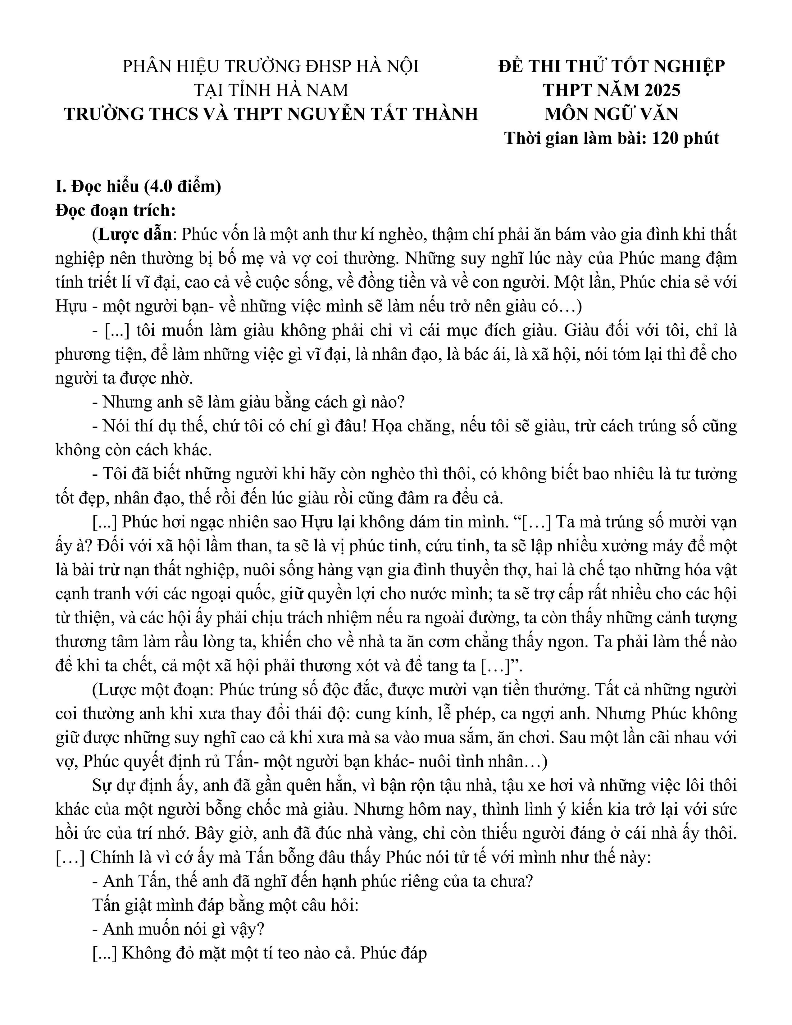 Đề thi thử Tốt nghiệp THPT Ngữ Văn 2025-2026 trường THCS&THPT Nguyễn Tất Thành (Hà Nam)