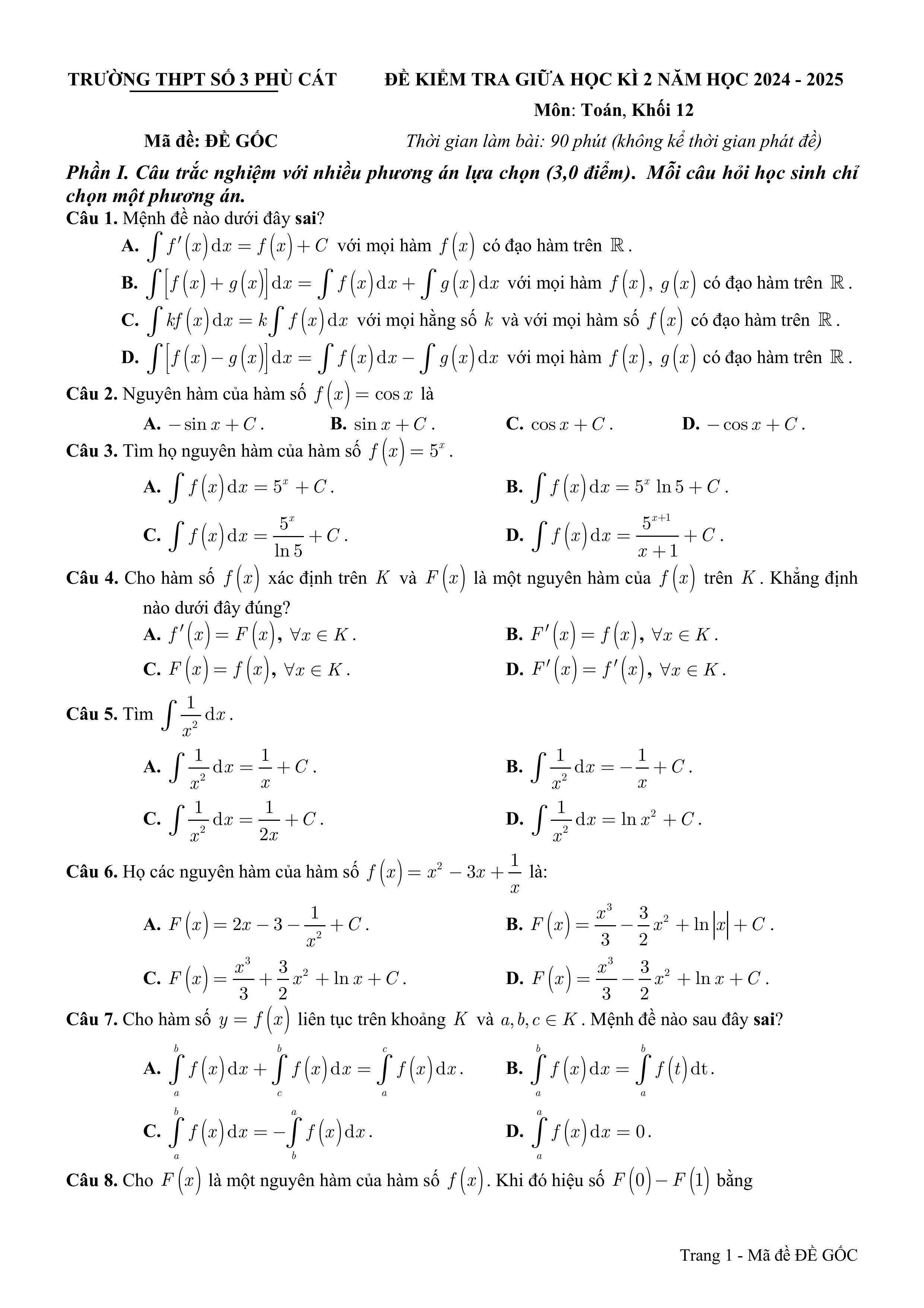 Đề thi Giữa kì 2 Toán 12 trường THPT Phù Cát 3 (Bình Định) năm 2024 – 2025