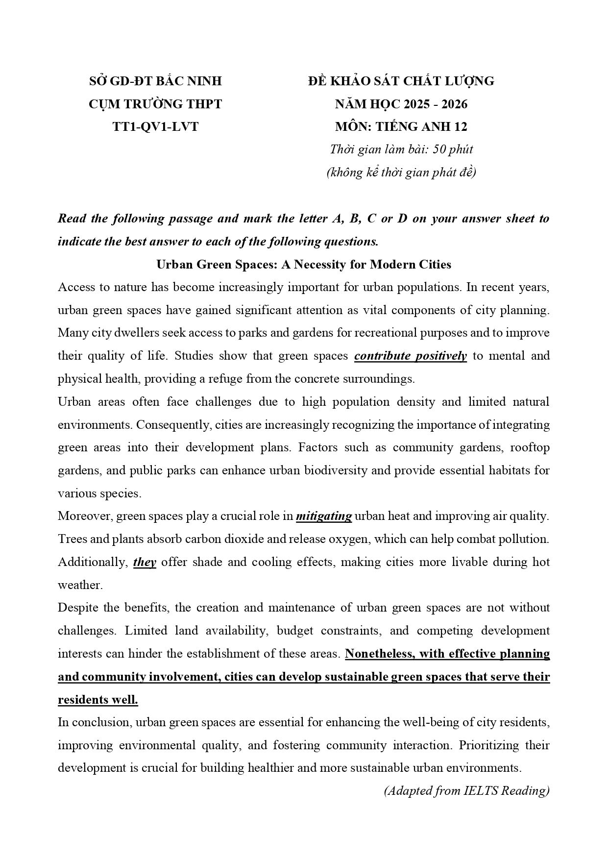 Đề thi thử Tốt nghiệp THPT Tiếng Anh 2025-2026 Cụm trường THPT TT1-QV1-LVT (Bắc Ninh)