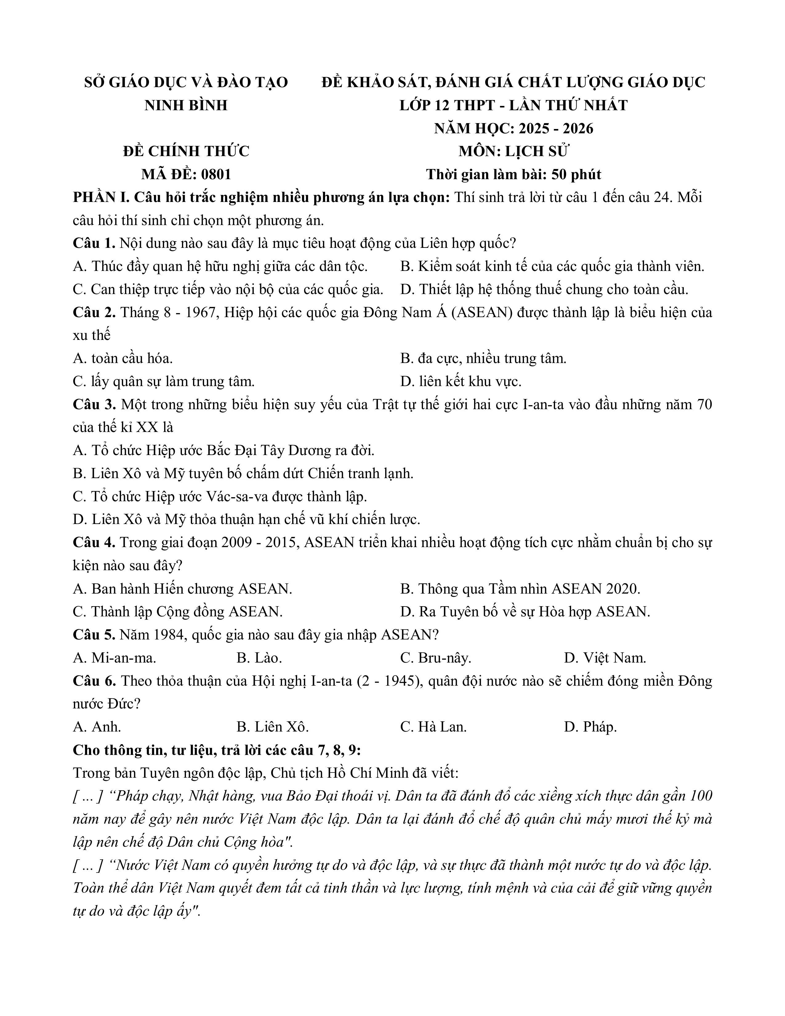 Đề thi thử Tốt nghiệp THPT Lịch sử 2025-2026 Sở GD Ninh Bình