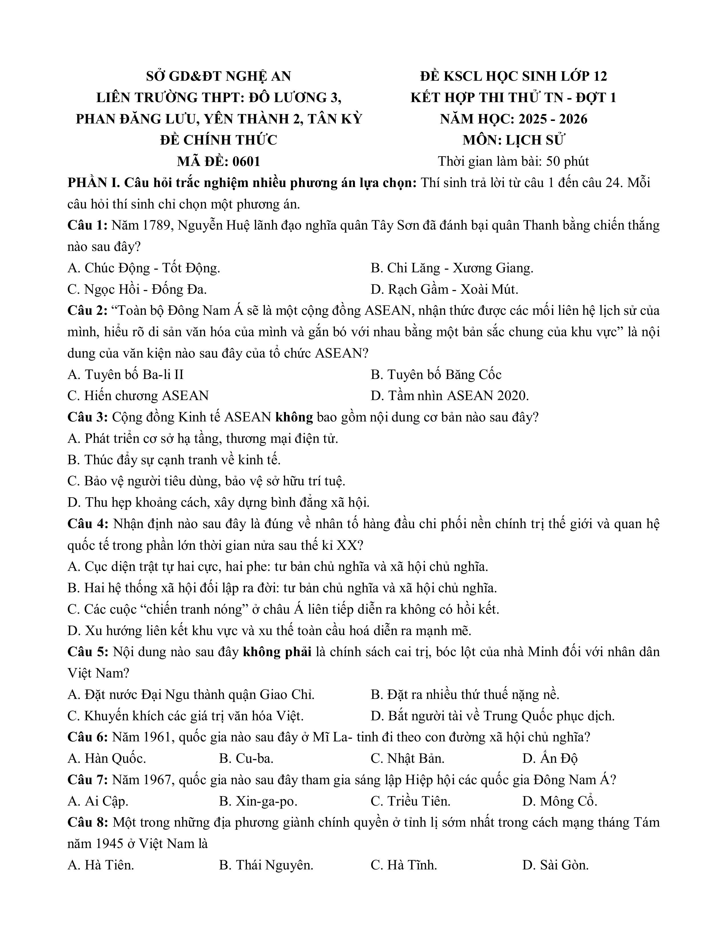 Đề thi thử Tốt nghiệp THPT Lịch sử 2025-2026 Liên trường Nghệ An (Đô Lương 3,...)