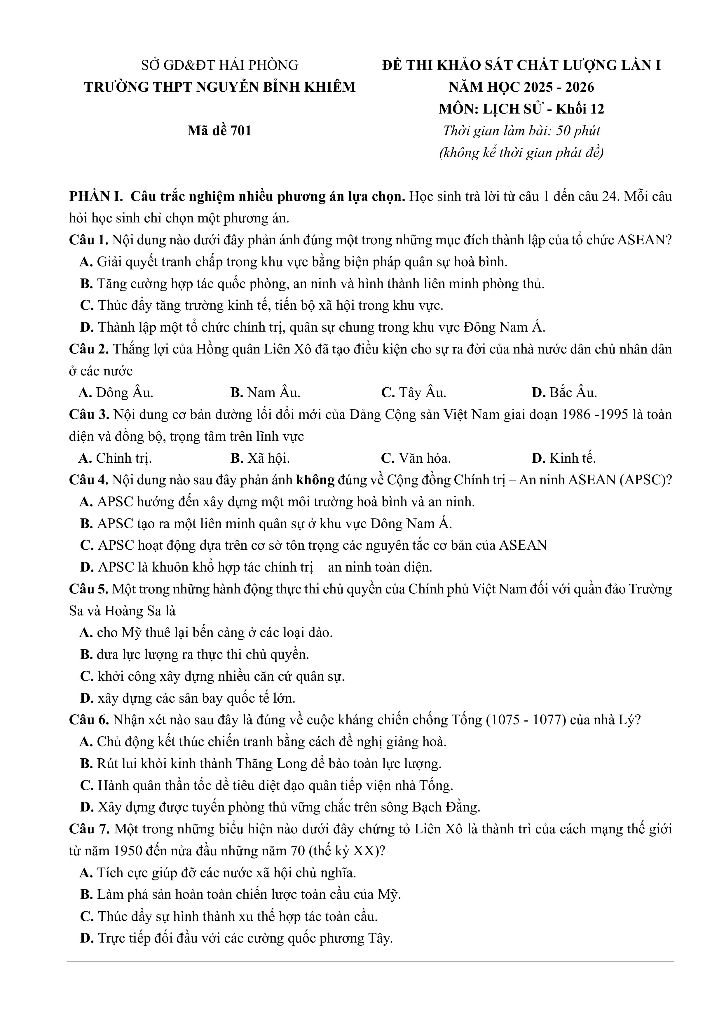 Đề thi thử Tốt nghiệp THPT Lịch sử 2025-2026 trường THPT Nguyễn Bỉnh Khiêm (Hải Phòng)