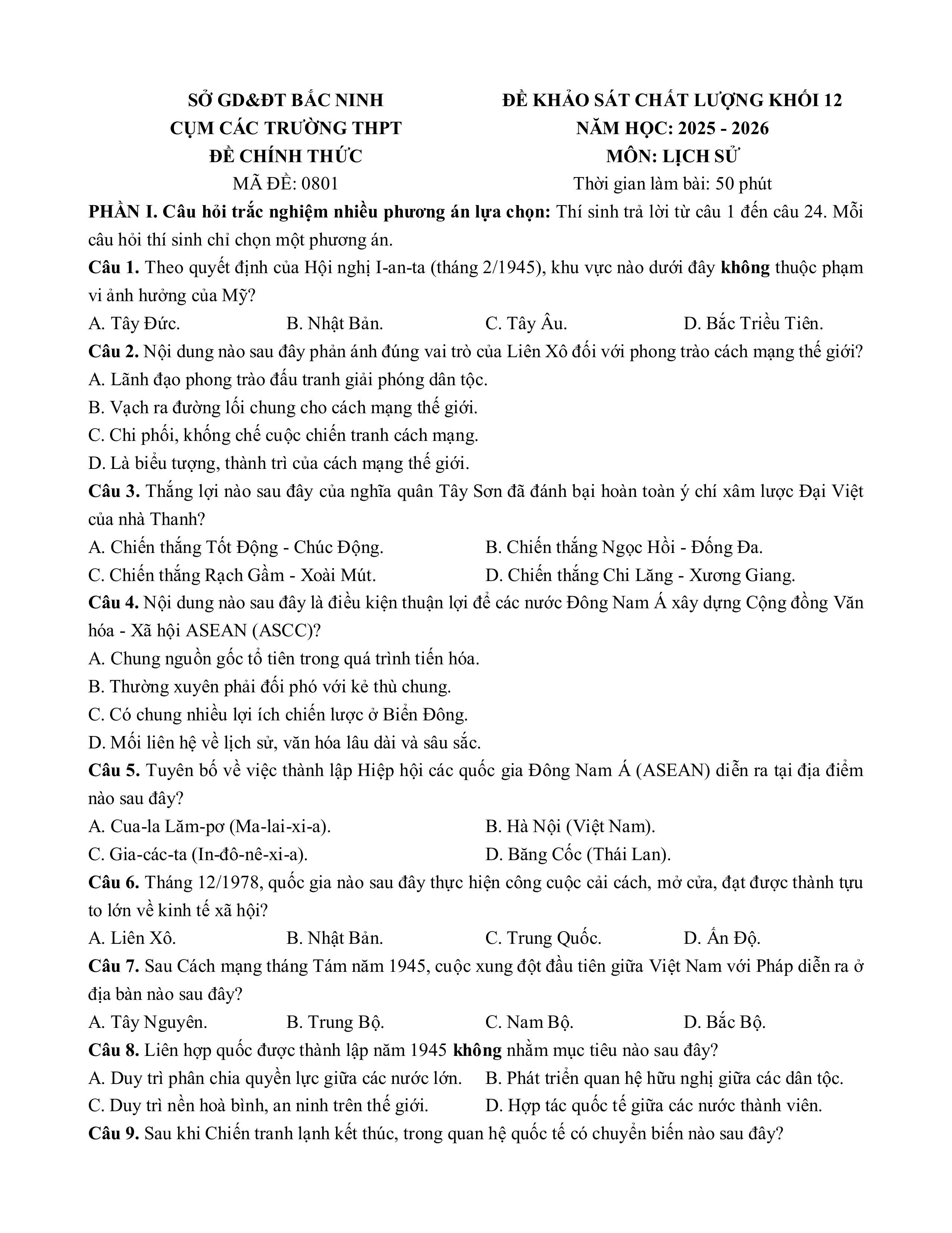 Đề thi thử Tốt nghiệp THPT Lịch sử 2025-2026 Cụm các trường THPT Bắc Ninh