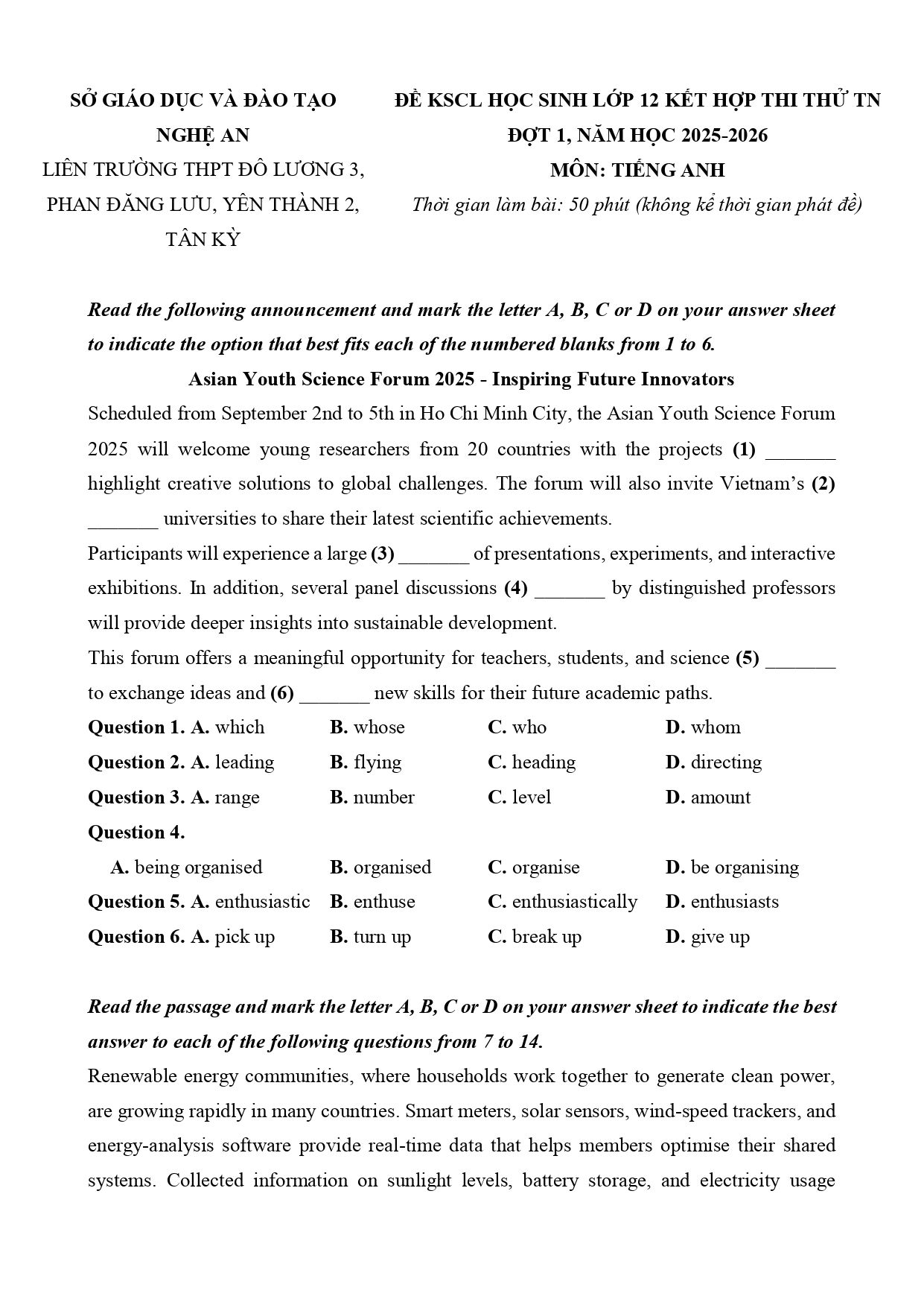 Đề thi thử Tốt nghiệp THPT Tiếng Anh 2025-2026 Liên trường Nghệ An (đợt 1) mã đề chẵn (Nghệ An)