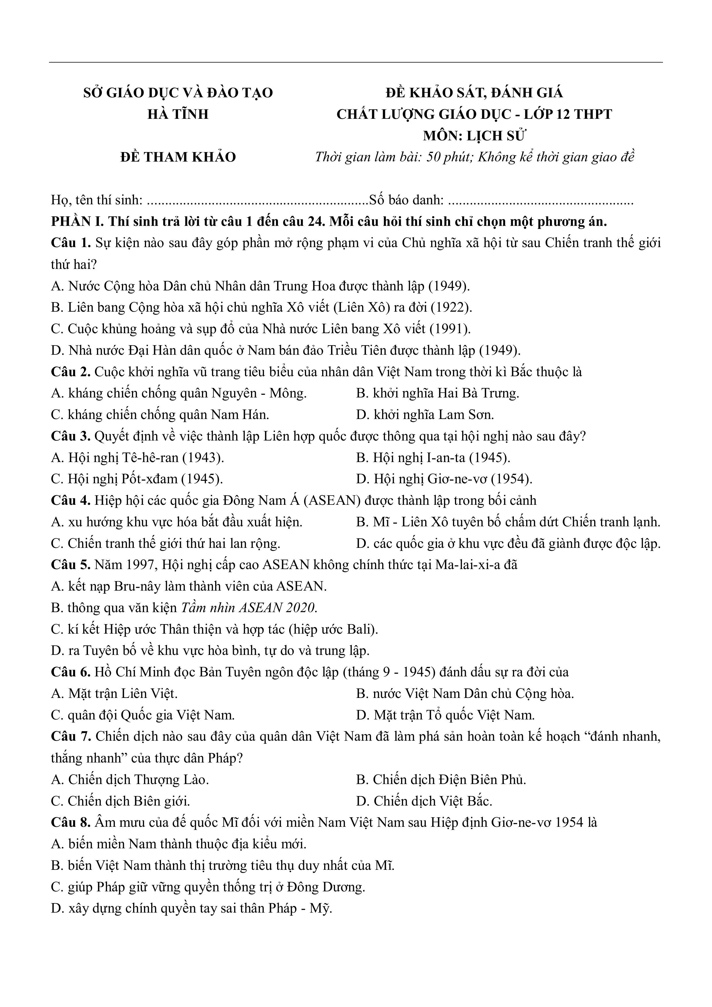 Đề thi thử Tốt nghiệp THPT Lịch sử 2025-2026 Sở GD Hà Tĩnh