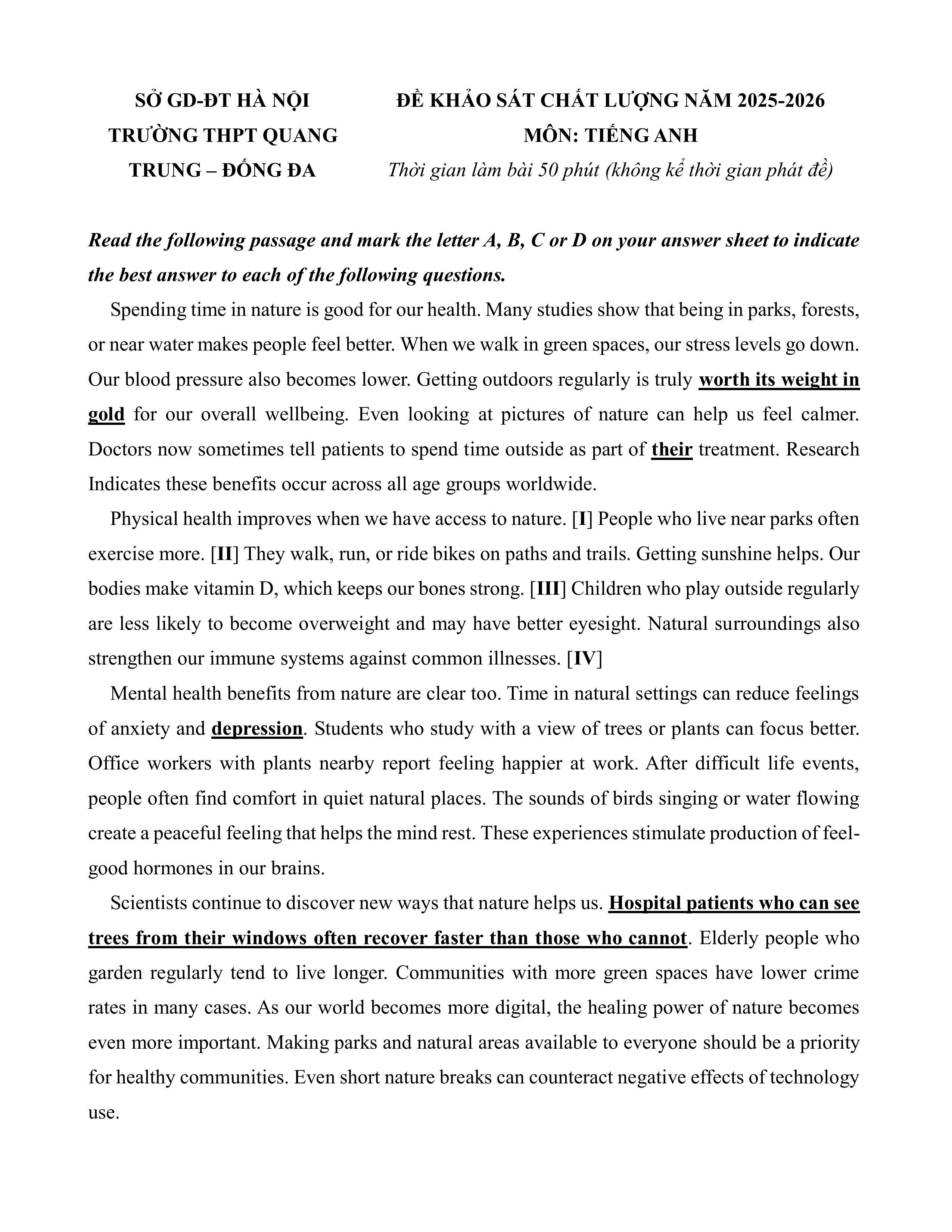 Đề thi thử Tốt nghiệp THPT Tiếng Anh 2025-2026 trường THPT Quang Trung (Hà Nội)