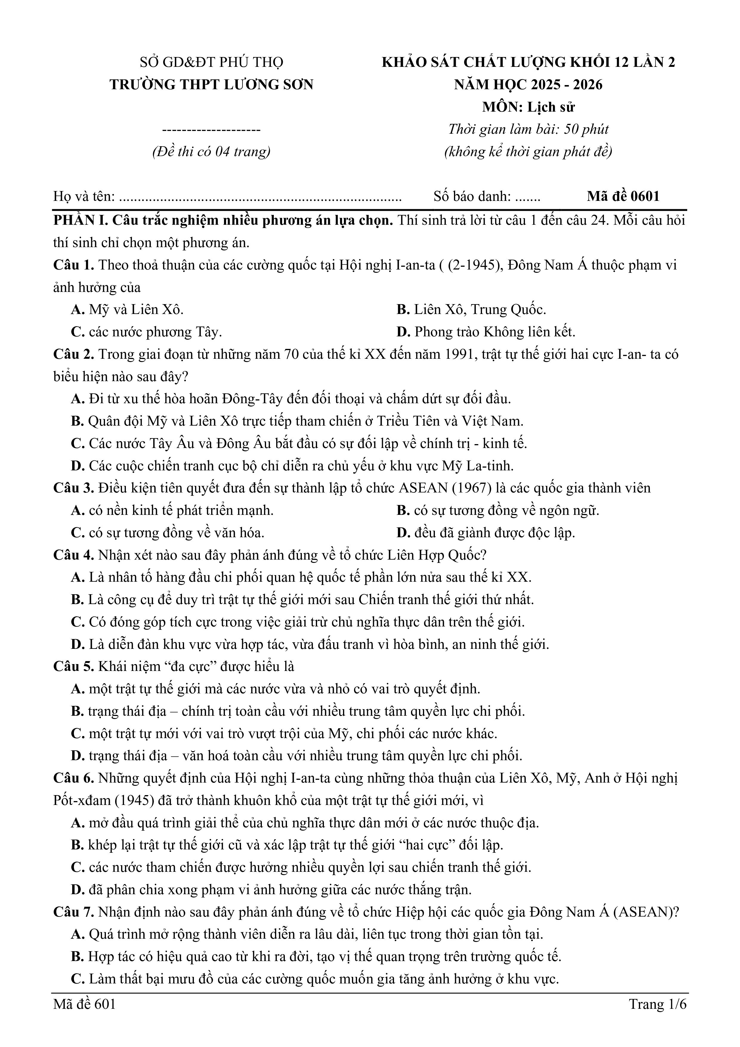 Đề thi thử Tốt nghiệp THPT Lịch sử 2025-2026 trường THPT Lương Sơn (Phú Thọ)