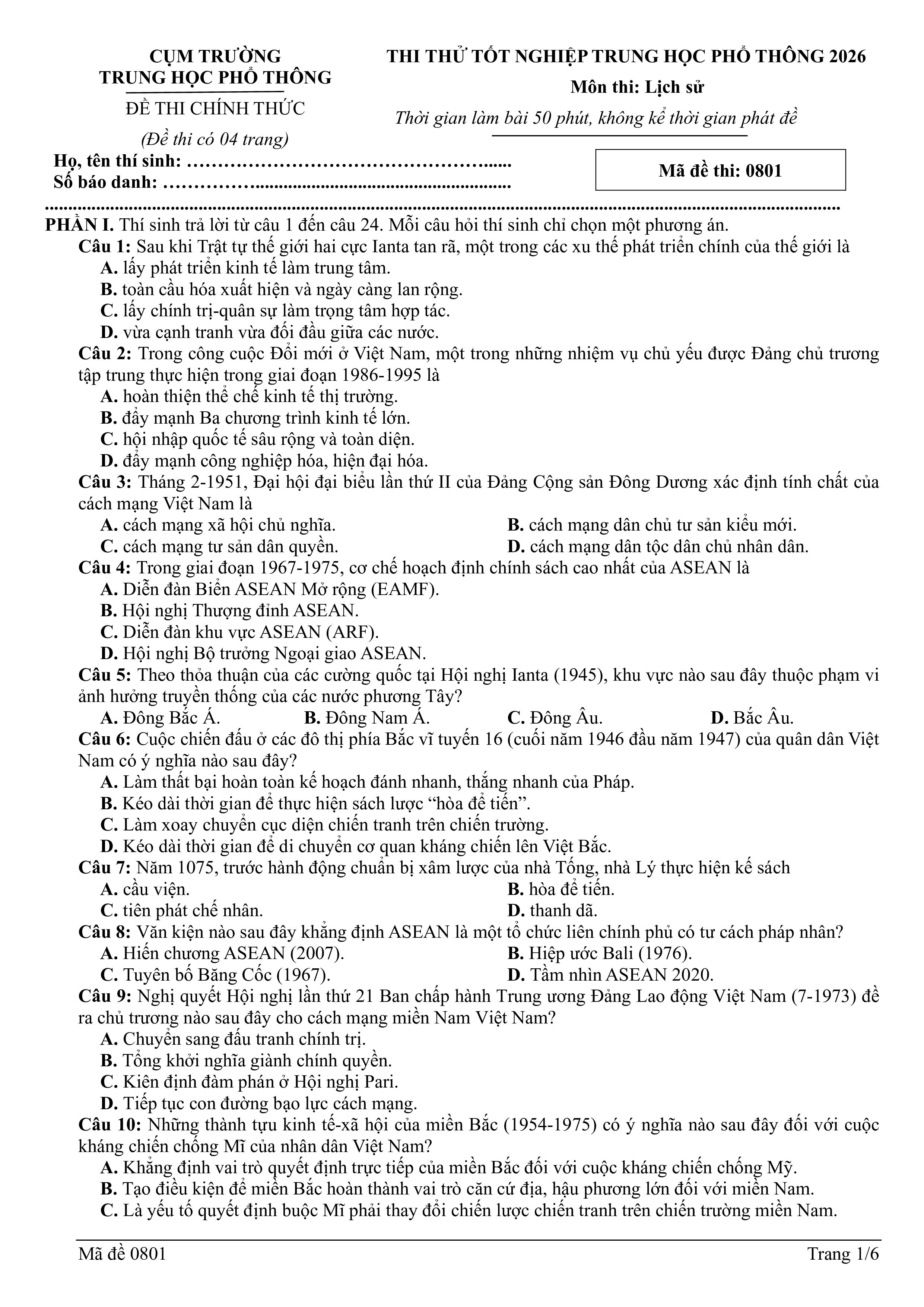 Đề thi thử Tốt nghiệp THPT Lịch sử 2025-2026 Cụm THPT Nghệ An