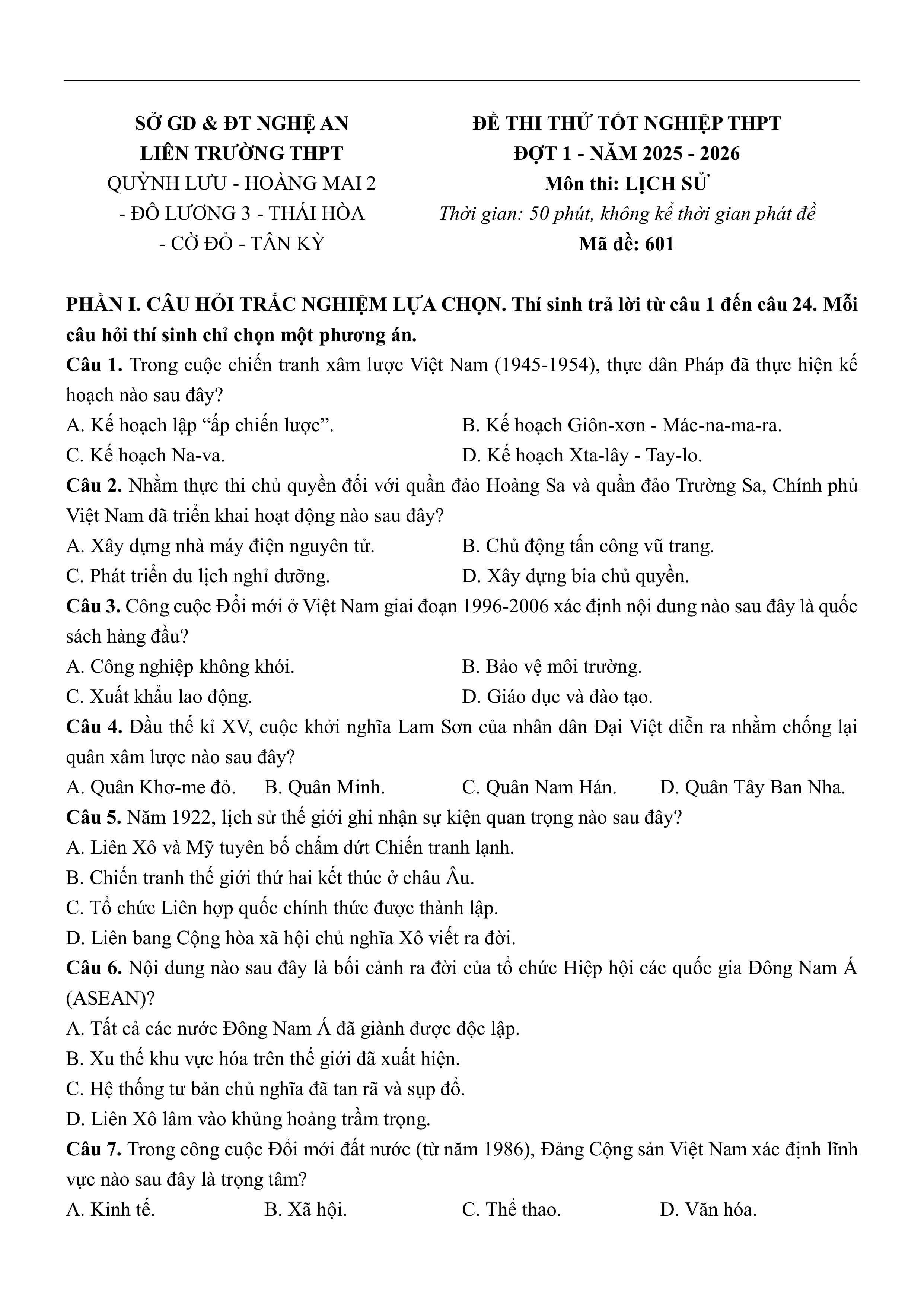 Đề thi thử Tốt nghiệp THPT Lịch sử 2025-2026 Liên trường Nghệ An (Quỳnh Lưu, Cờ Đỏ,...)