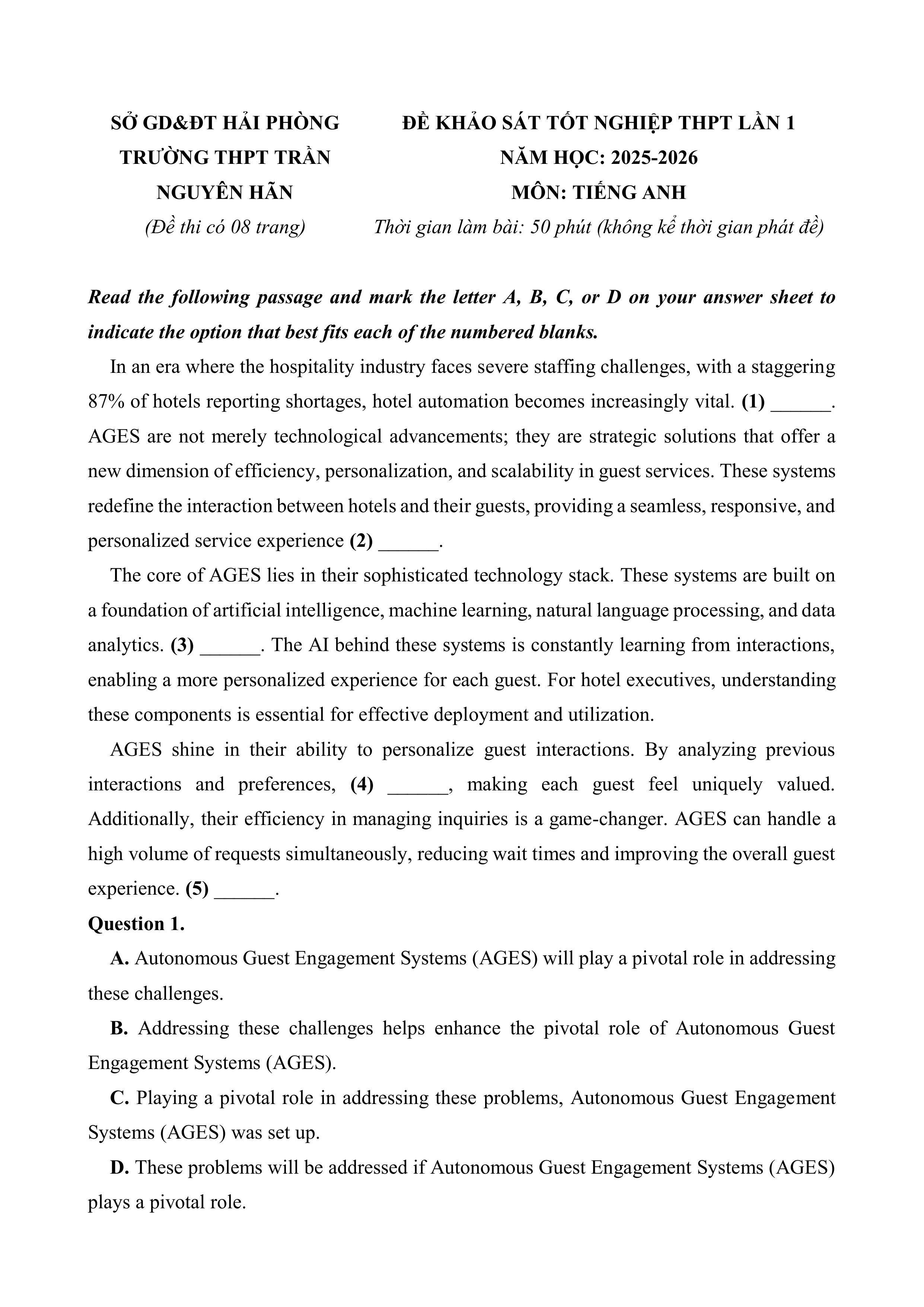 Đề thi thử Tốt nghiệp THPT Tiếng Anh 2025-2026 trường THPT Trần Nguyên Hãn (Hải Phòng)
