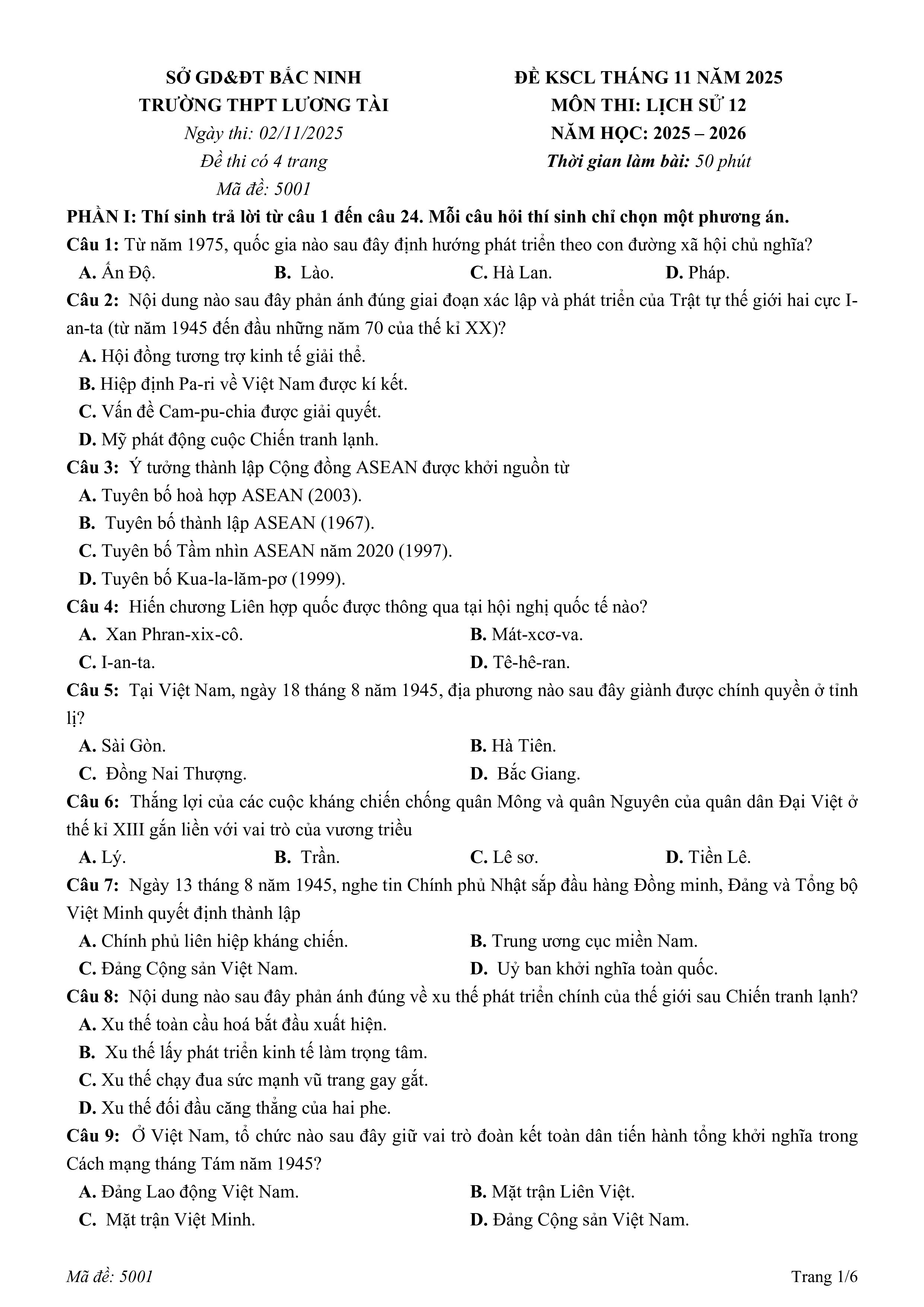 Đề thi thử Tốt nghiệp THPT Lịch sử 2025-2026 trường THPT Lương Tài (Bắc Ninh)