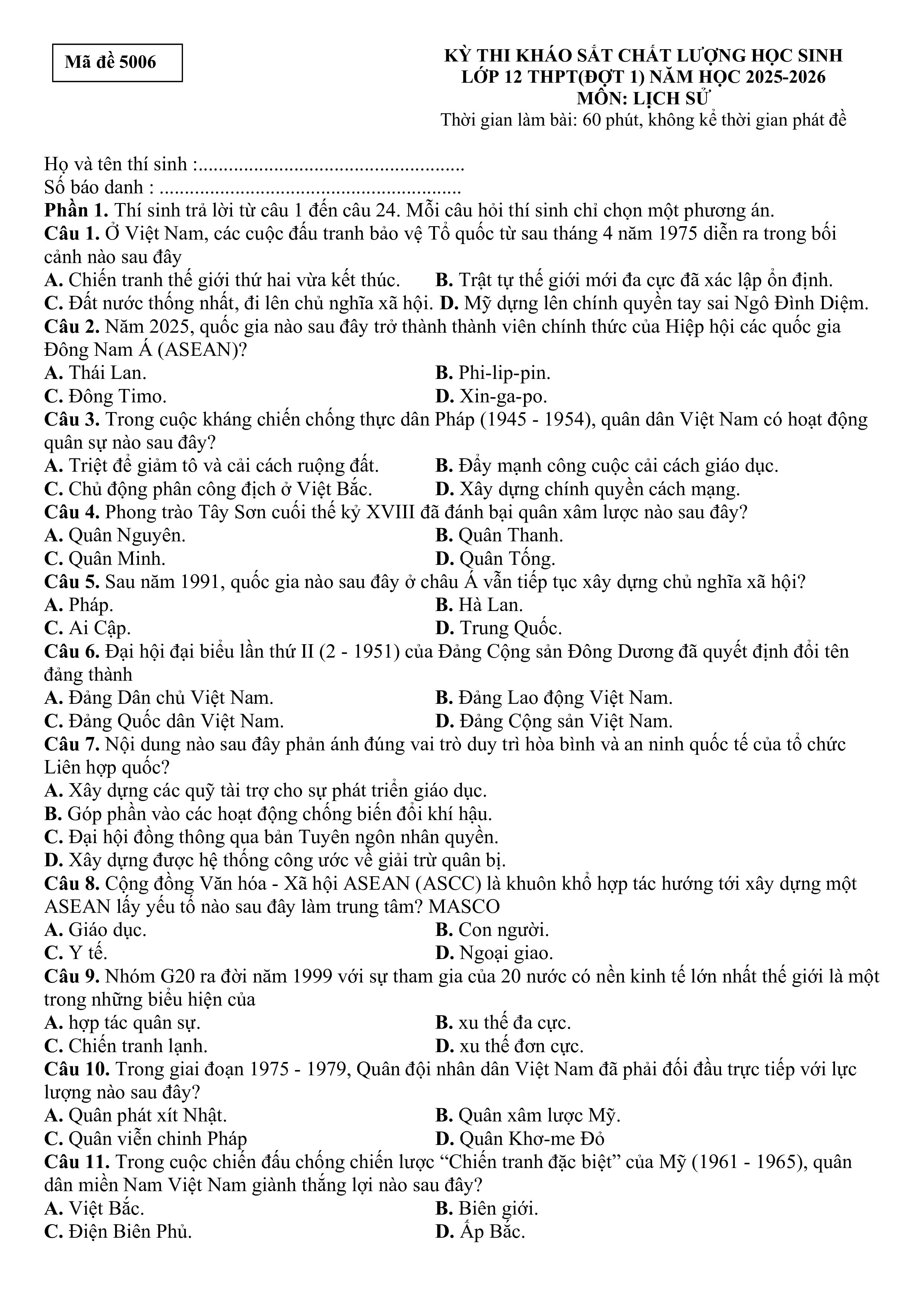 Đề thi thử Tốt nghiệp THPT Lịch sử 2025-2026 Sở Phú Thọ