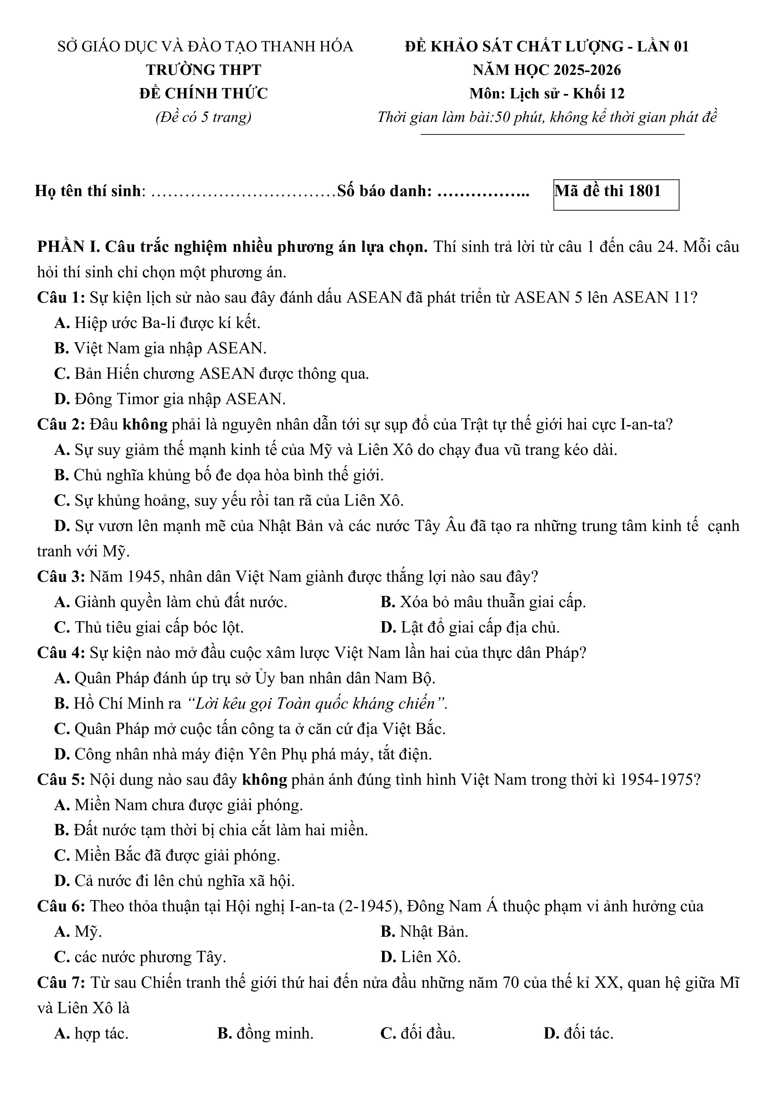 Đề thi thử Tốt nghiệp THPT Lịch sử 2025-2026 Sở Thanh Hóa