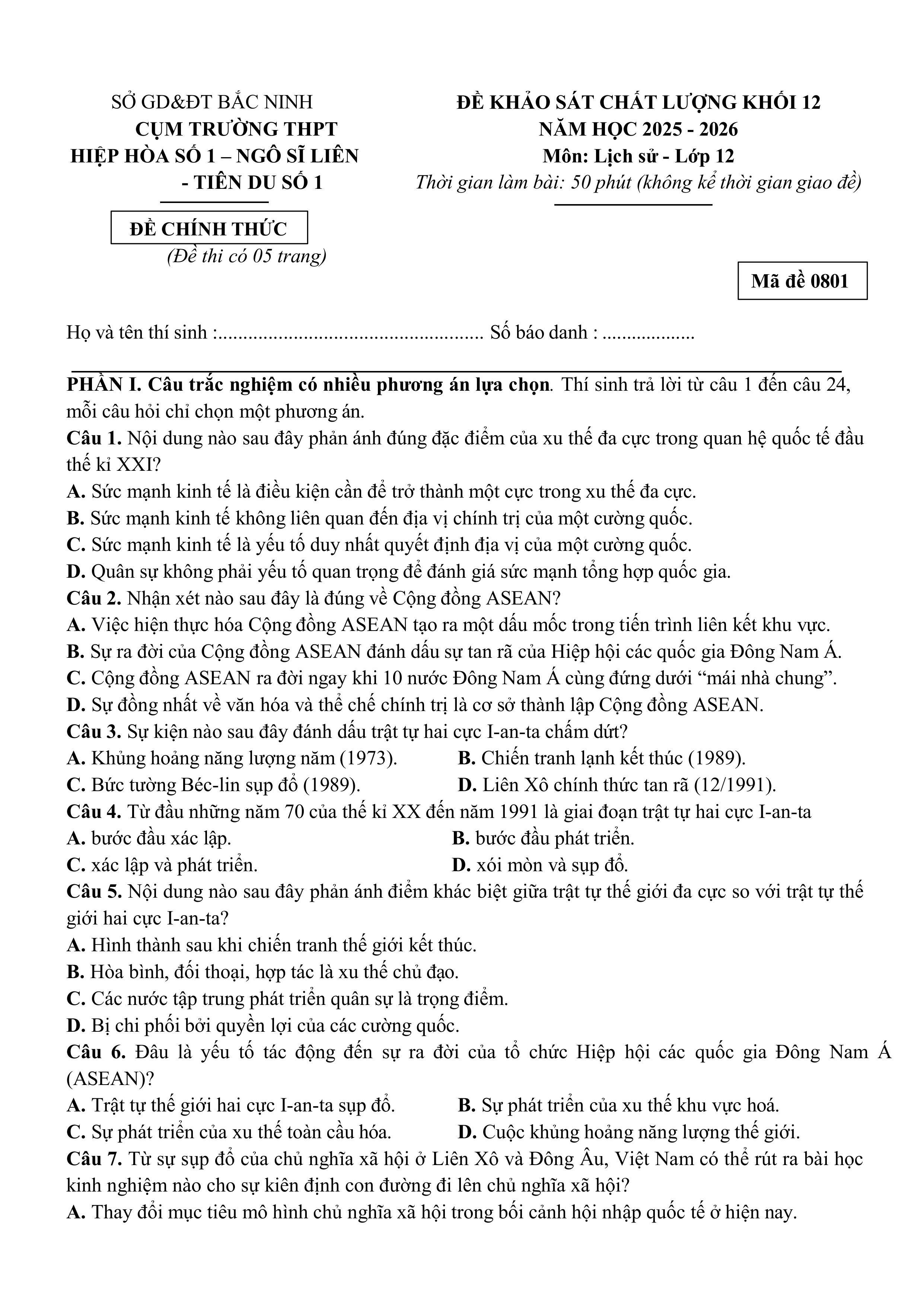 Đề thi thử Tốt nghiệp THPT Lịch sử 2025-2026 Liên trường Bắc Ninh (Hiệp Hòa 1...)