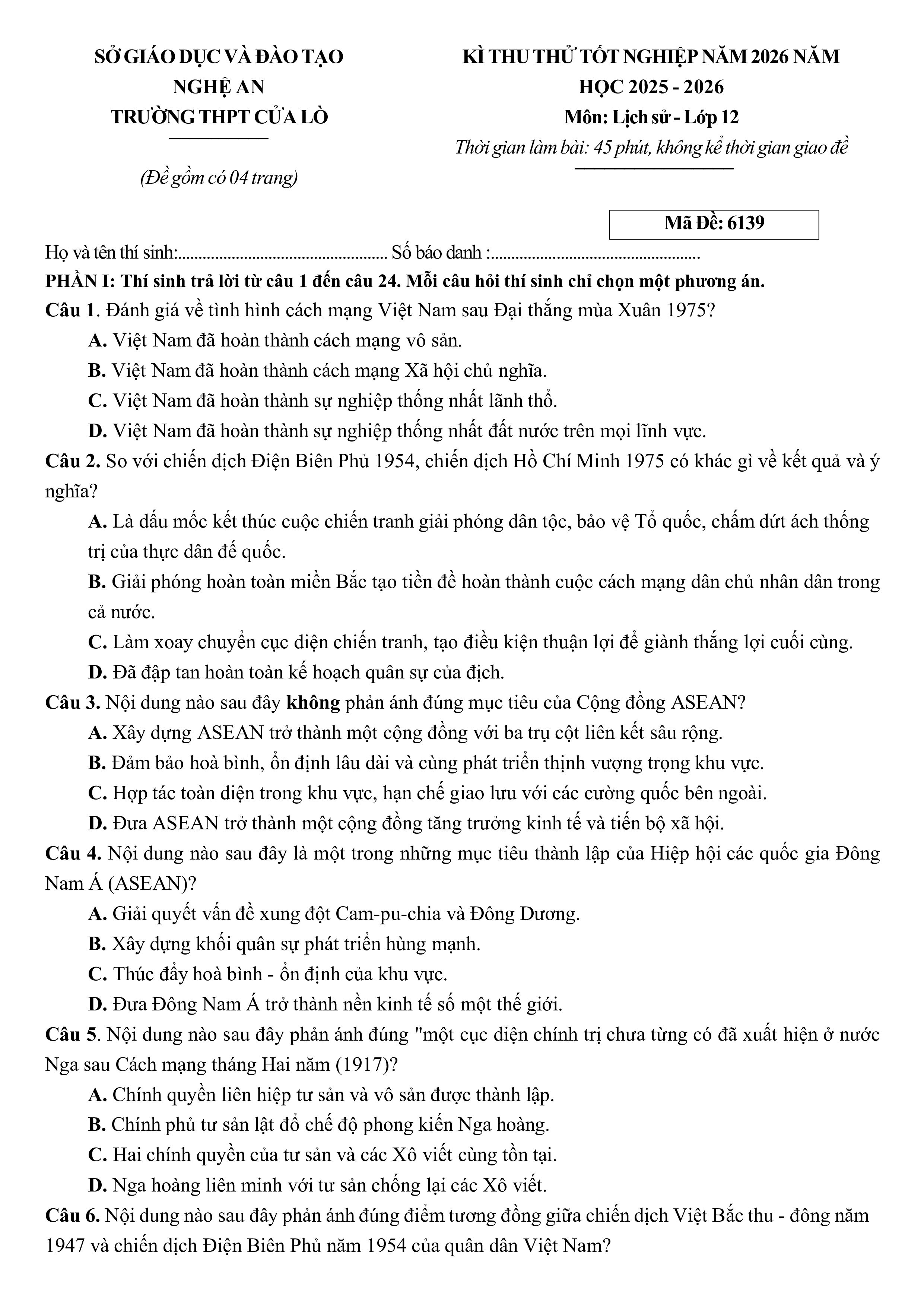 Đề thi thử Tốt nghiệp THPT Lịch sử 2025-2026 trường THPT Cửa Lò (Nghệ An)