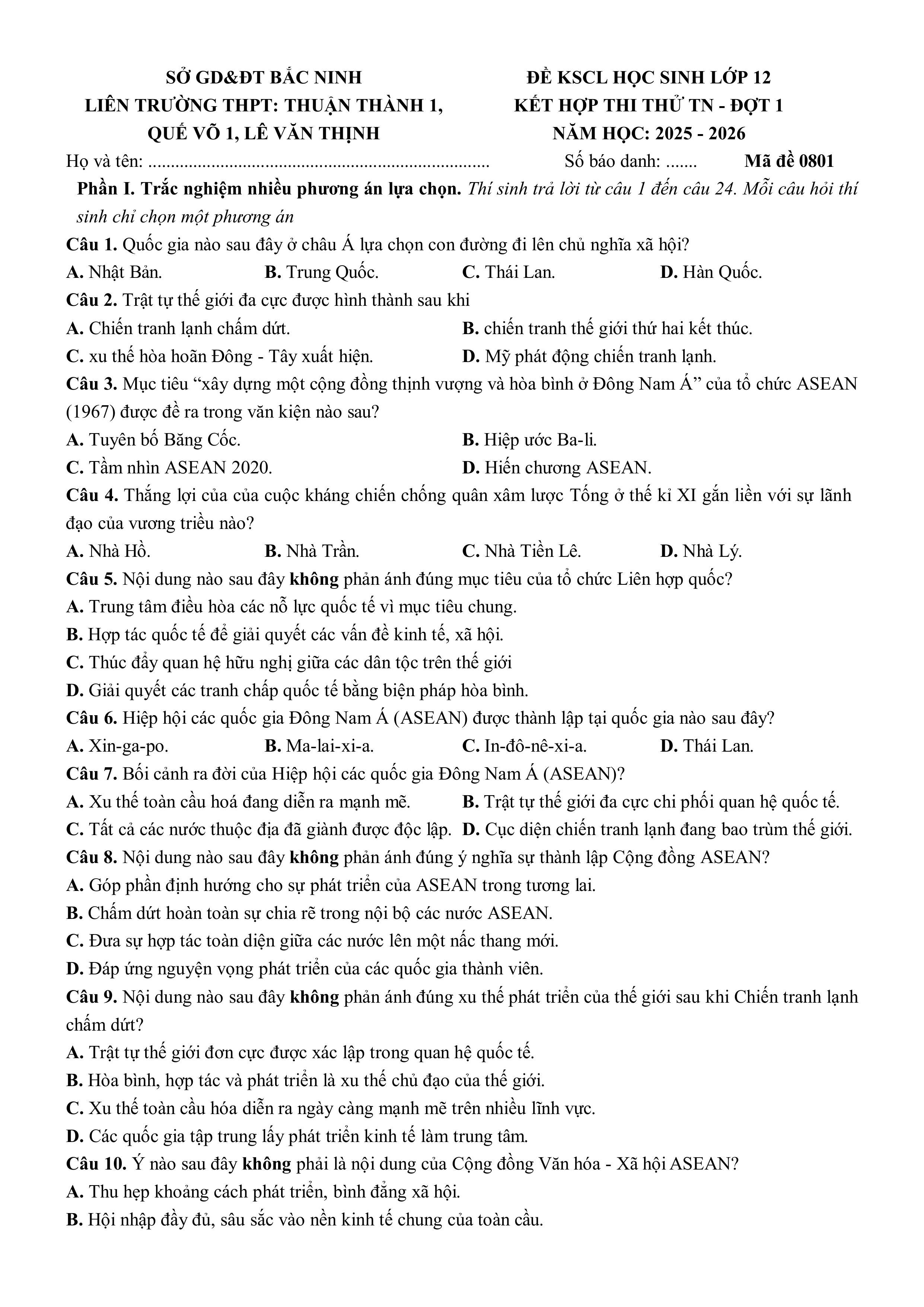 Đề thi thử Tốt nghiệp THPT Lịch sử 2025-2026 Liên trường Bắc Ninh (Thuận Thành 1...)