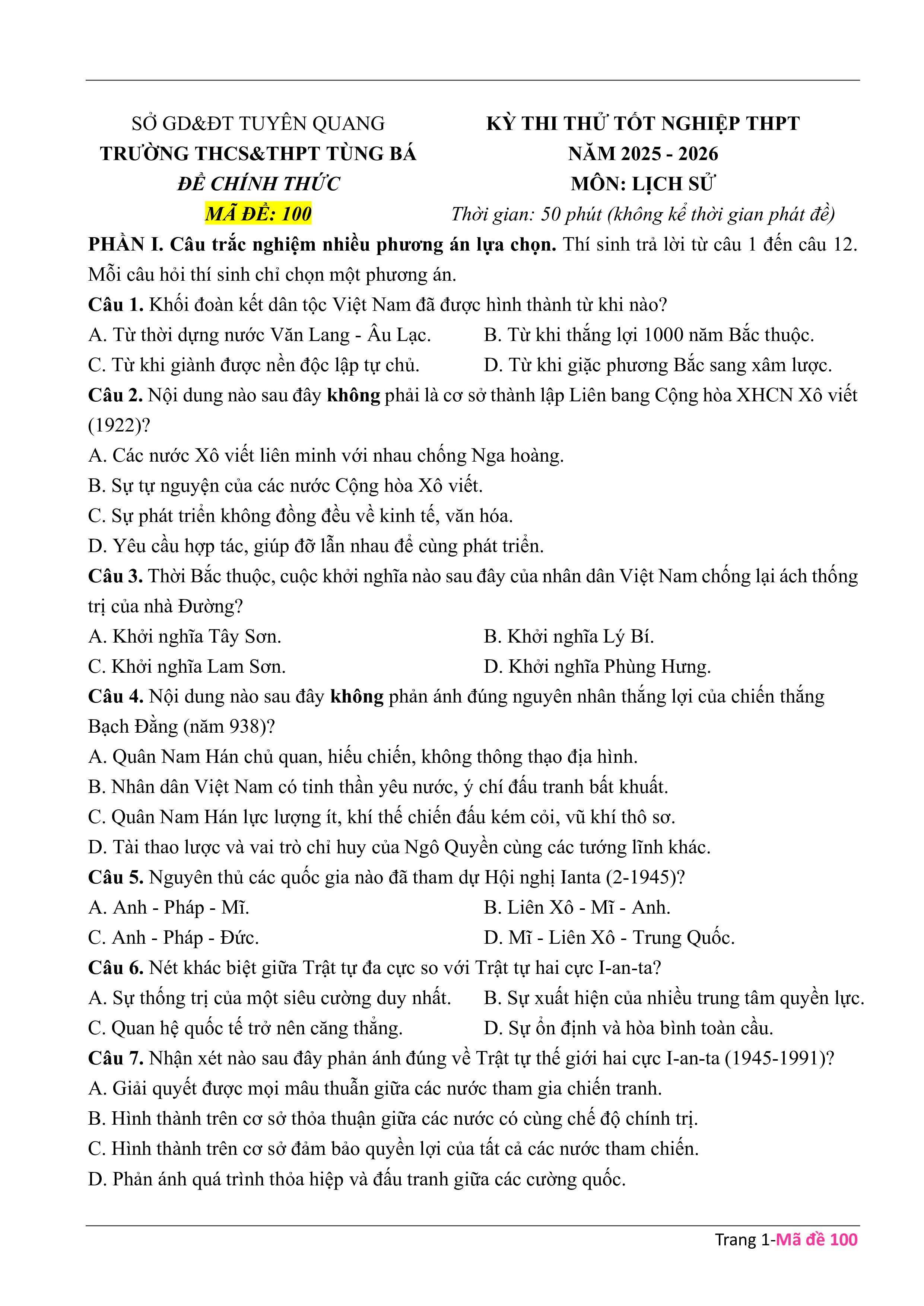 Đề thi thử Tốt nghiệp THPT Lịch sử 2025-2026 trường THPT Tùng Bá (Tuyên Quang)