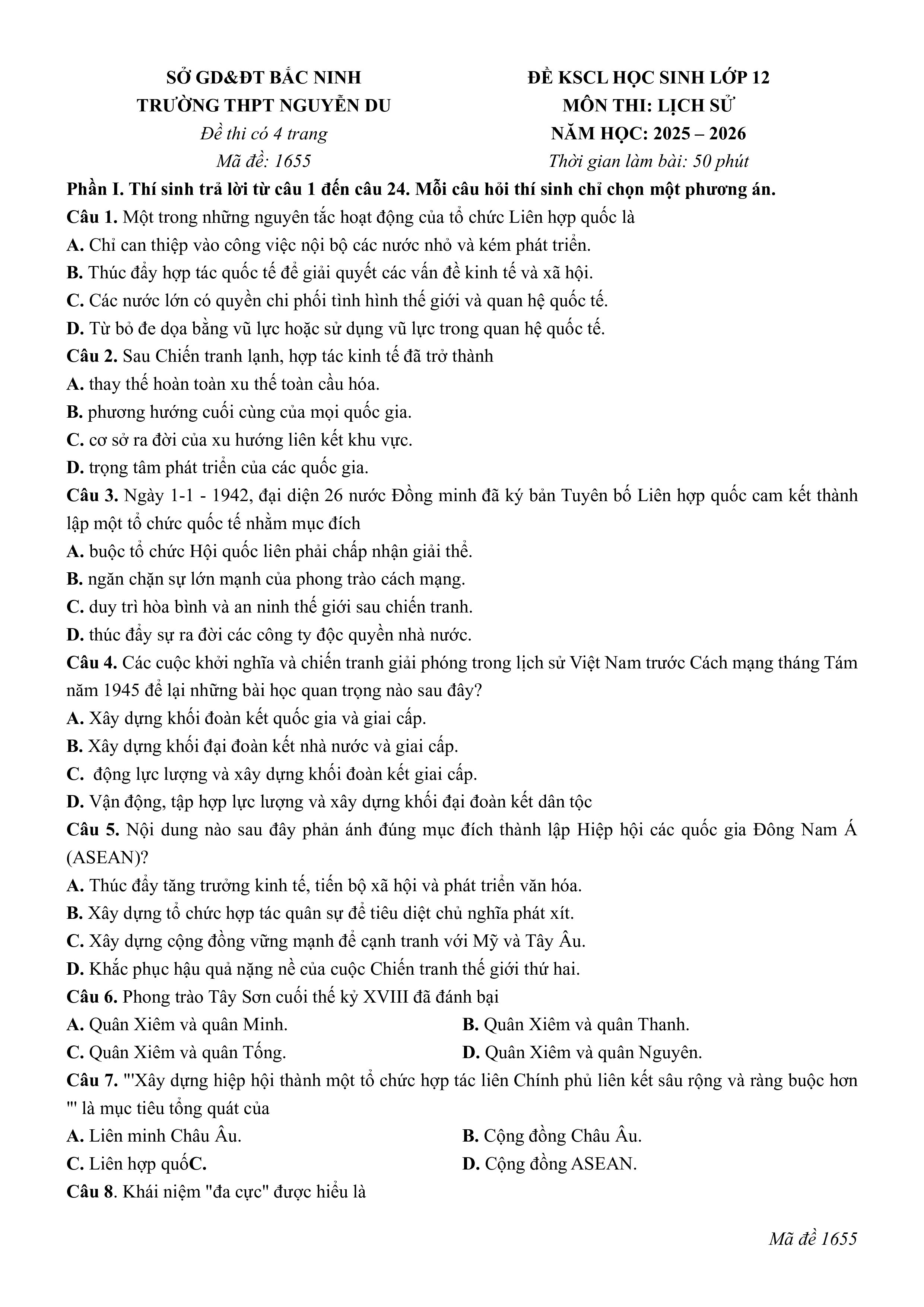 Đề thi thử Tốt nghiệp THPT Lịch sử 2025-2026 trường THPT Nguyễn Du (Bắc Ninh)