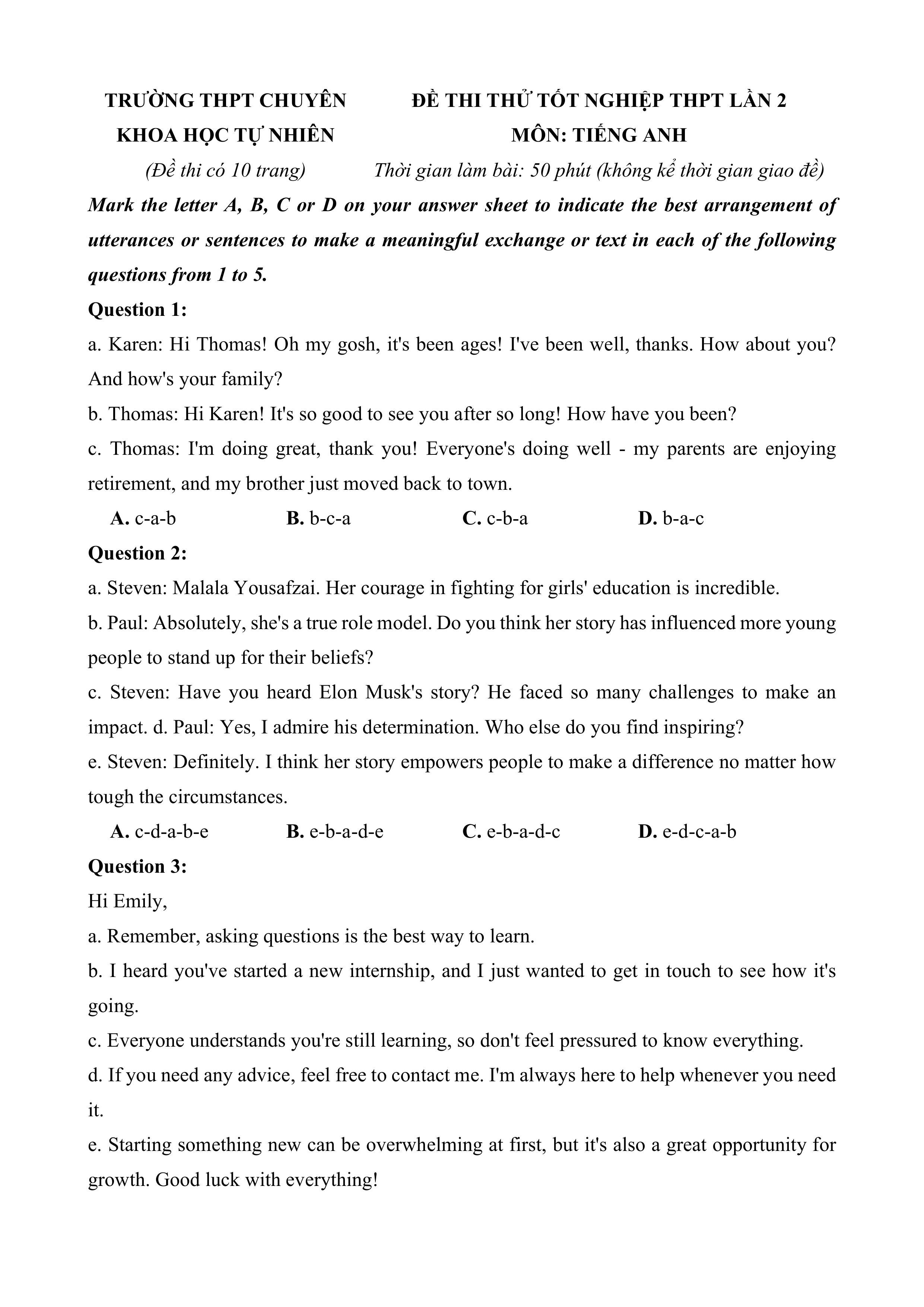 Đề thi thử Tốt nghiệp THPT Tiếng Anh 2025-2026 trường THPT Chuyên Khoa học tự nhiên (Hà Nội)