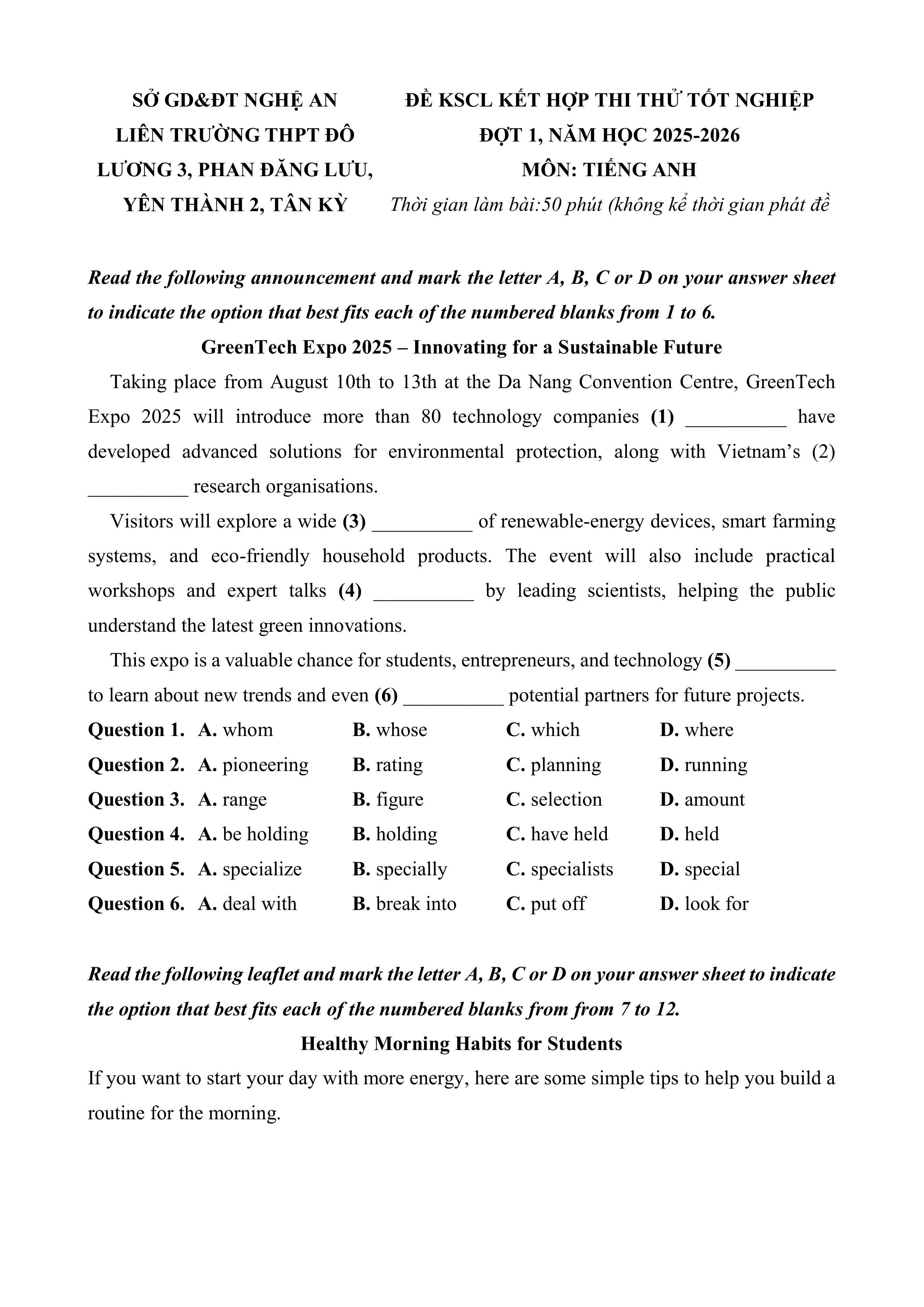 Đề thi thử Tốt nghiệp THPT Tiếng Anh 2025-2026 Liên trường THPT Nghệ An (đợt 1) mã đề lẻ (Nghệ An)