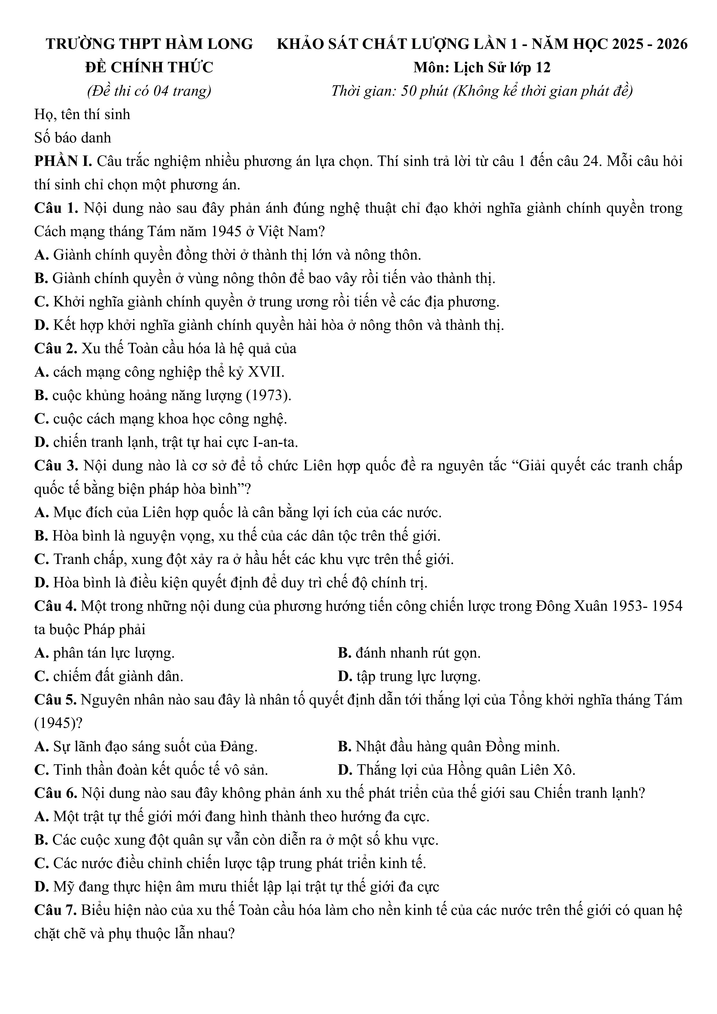 Đề thi thử Tốt nghiệp THPT Lịch sử 2025-2026 trường THPT Hàm Long (Bắc Ninh)