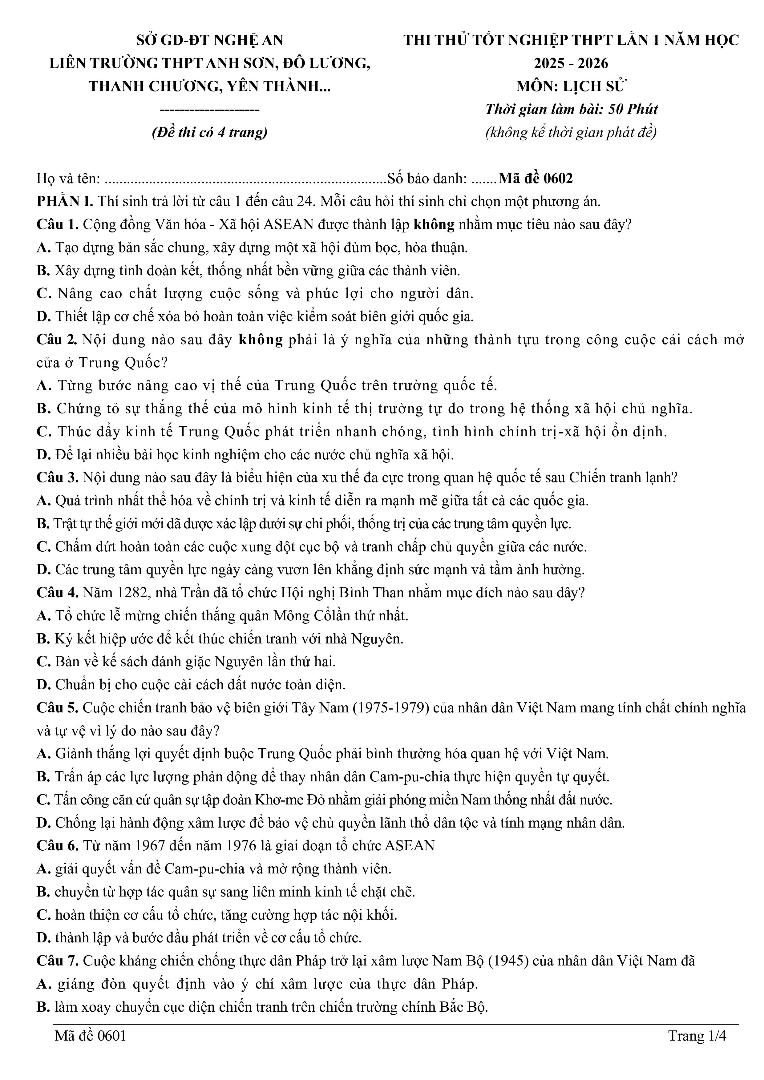 Đề thi thử Tốt nghiệp THPT Lịch sử 2025-2026 Liên trường Anh Sơn, Đô Lương, Thanh Chương (Nghệ An)