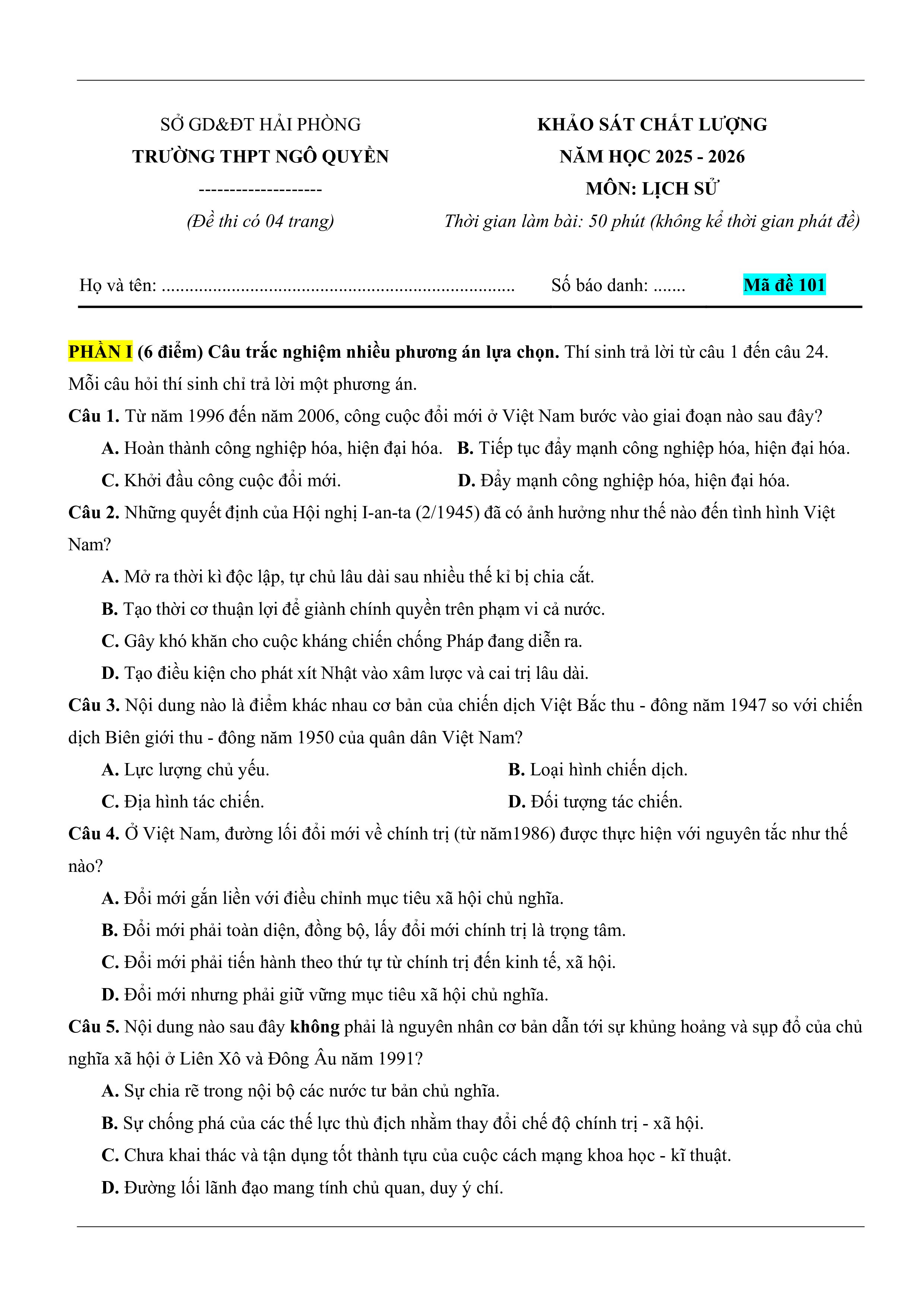 Đề thi thử Tốt nghiệp THPT Lịch sử 2025-2026 trường THPT Ngô Quyền (Hải Phòng)