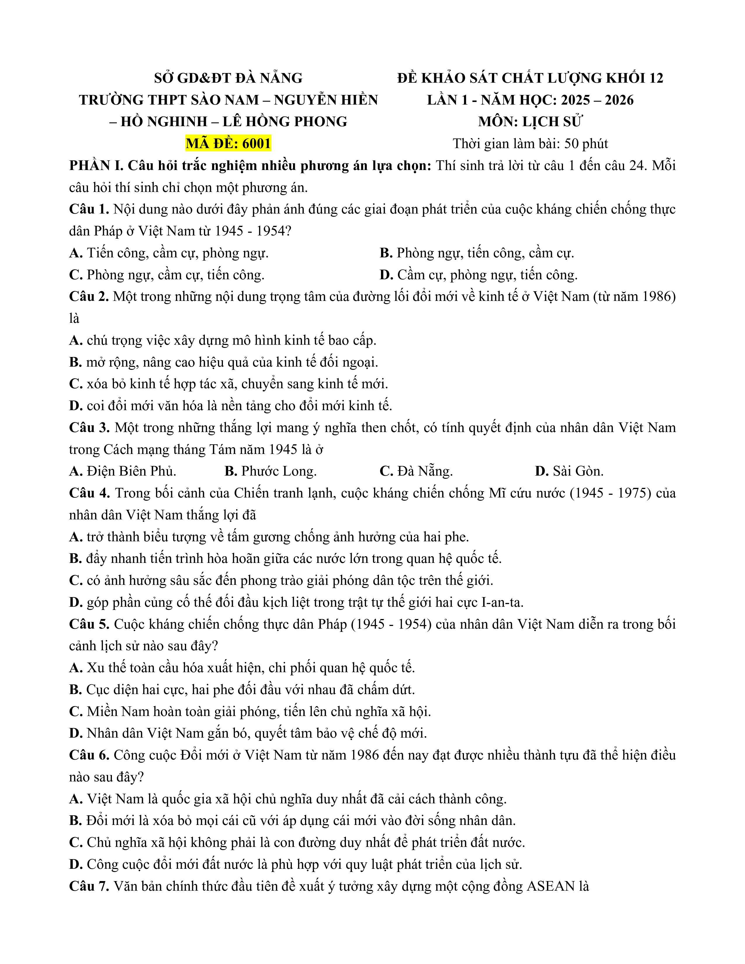 Đề thi thử Tốt nghiệp THPT Lịch sử 2025-2026 Cụm trường Đà Nẵng (Sào Nam,...)