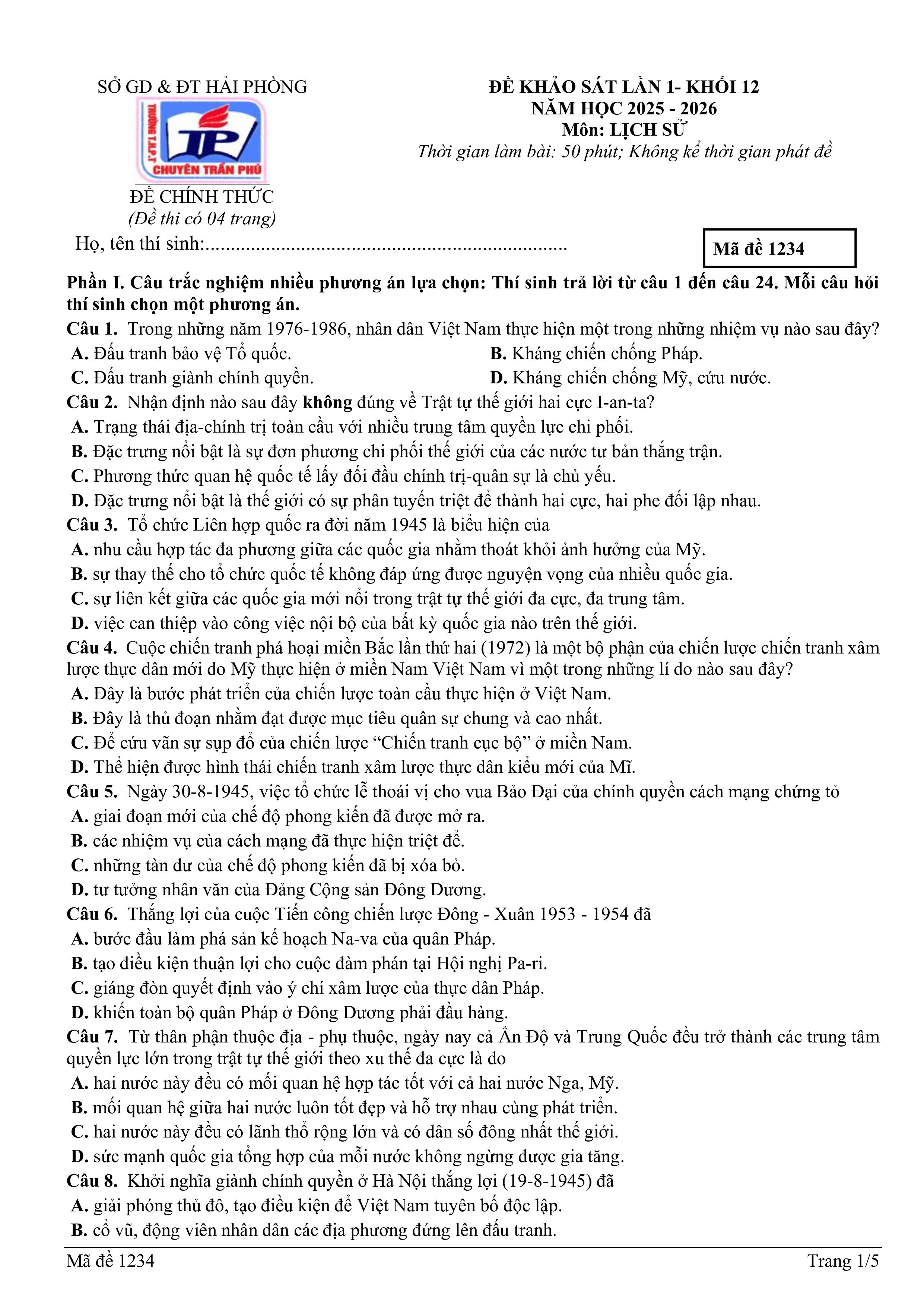 Đề thi thử Tốt nghiệp THPT Lịch sử 2025-2026 trường THPT Chuyên Trần Phú (Hải Phòng)