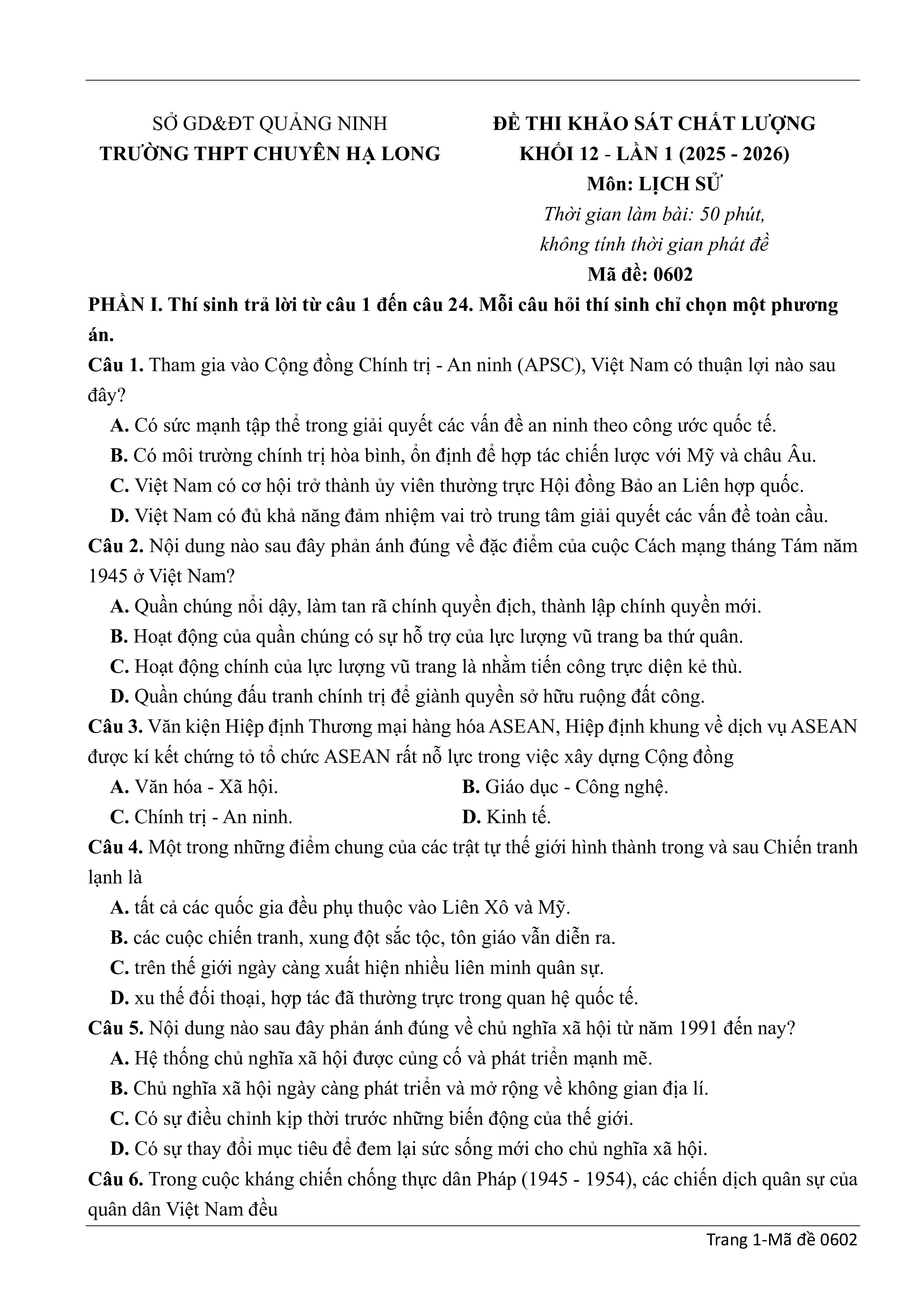 Đề thi thử Tốt nghiệp THPT Lịch sử 2025-2026 trường THPT Chuyên Hạ Long (Quảng Ninh)