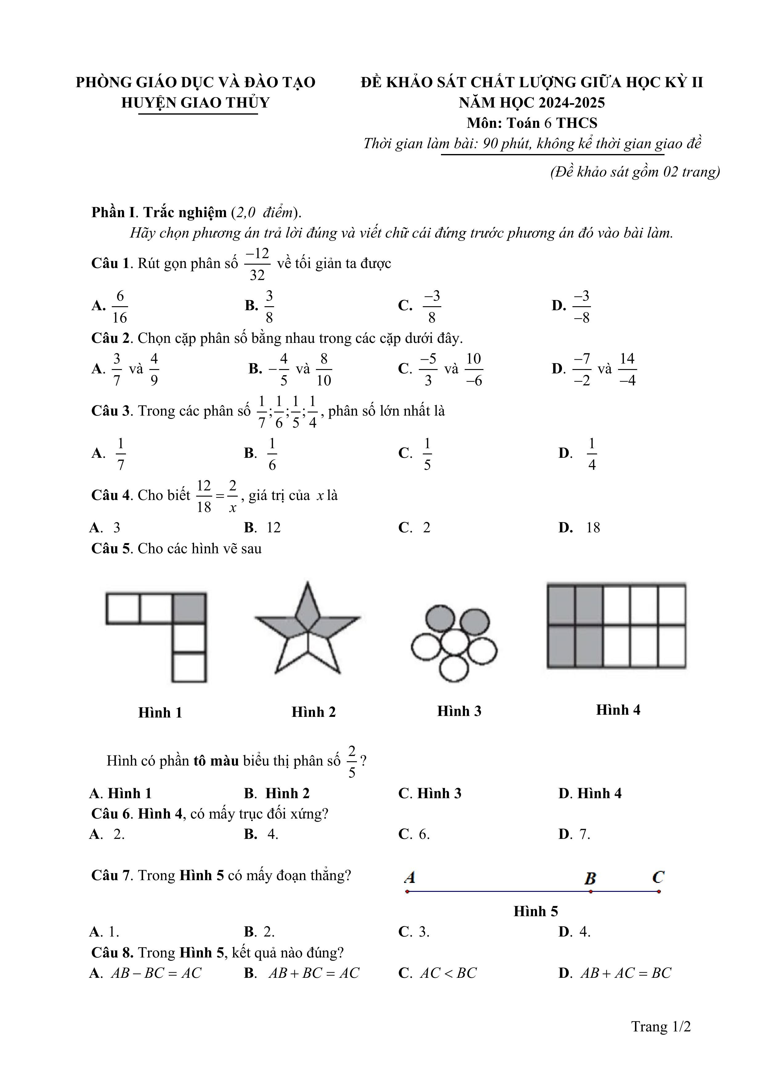 Đề thi Giữa kì 2 Toán 6 phòng GD&ĐT Giao Thuỷ (Nam Định) năm 2024–2025