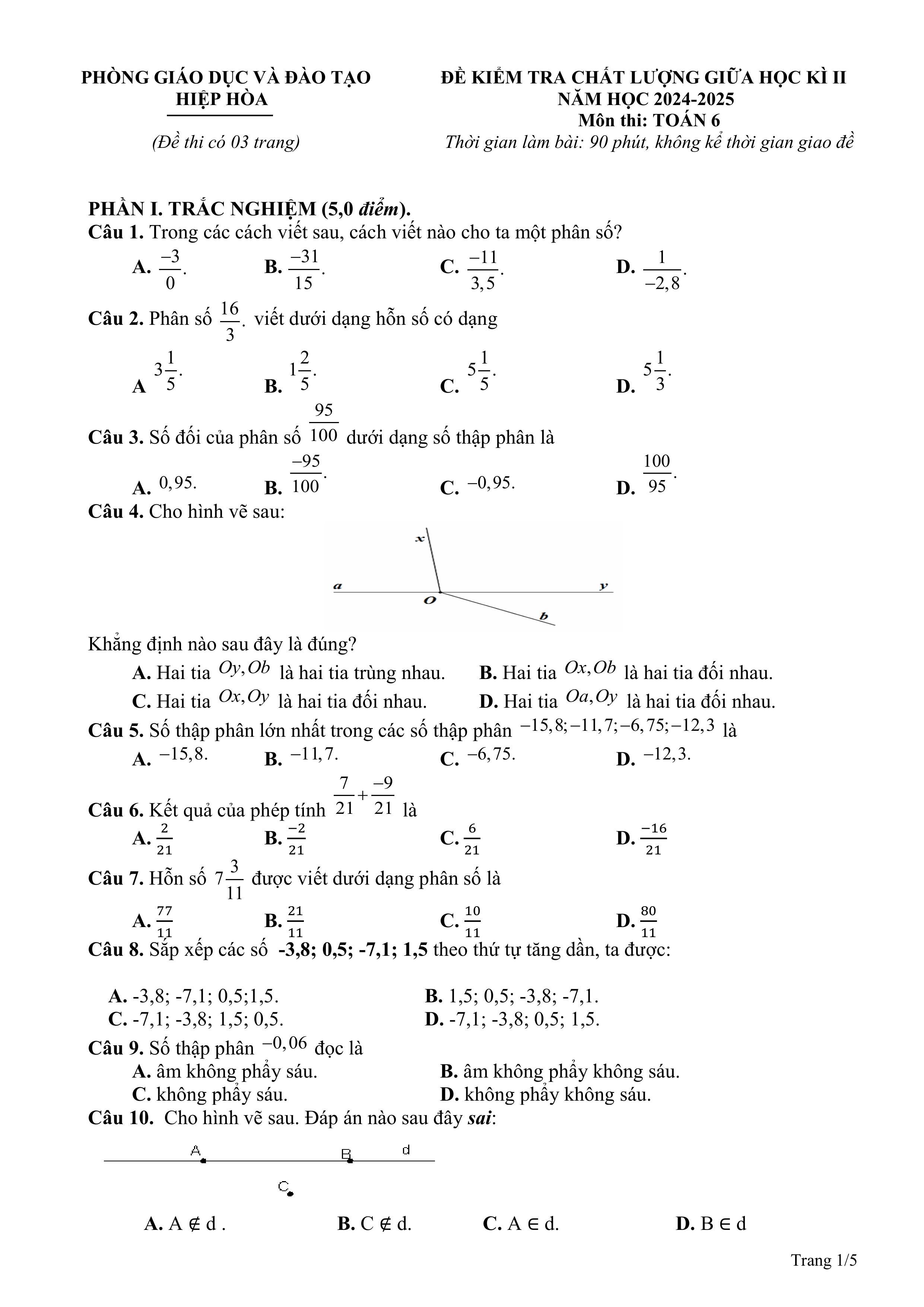 Đề thi Giữa kì 2 Toán 6 phòng GD&ĐT Hiệp Hoà (Bắc Giang) năm 2024–2025