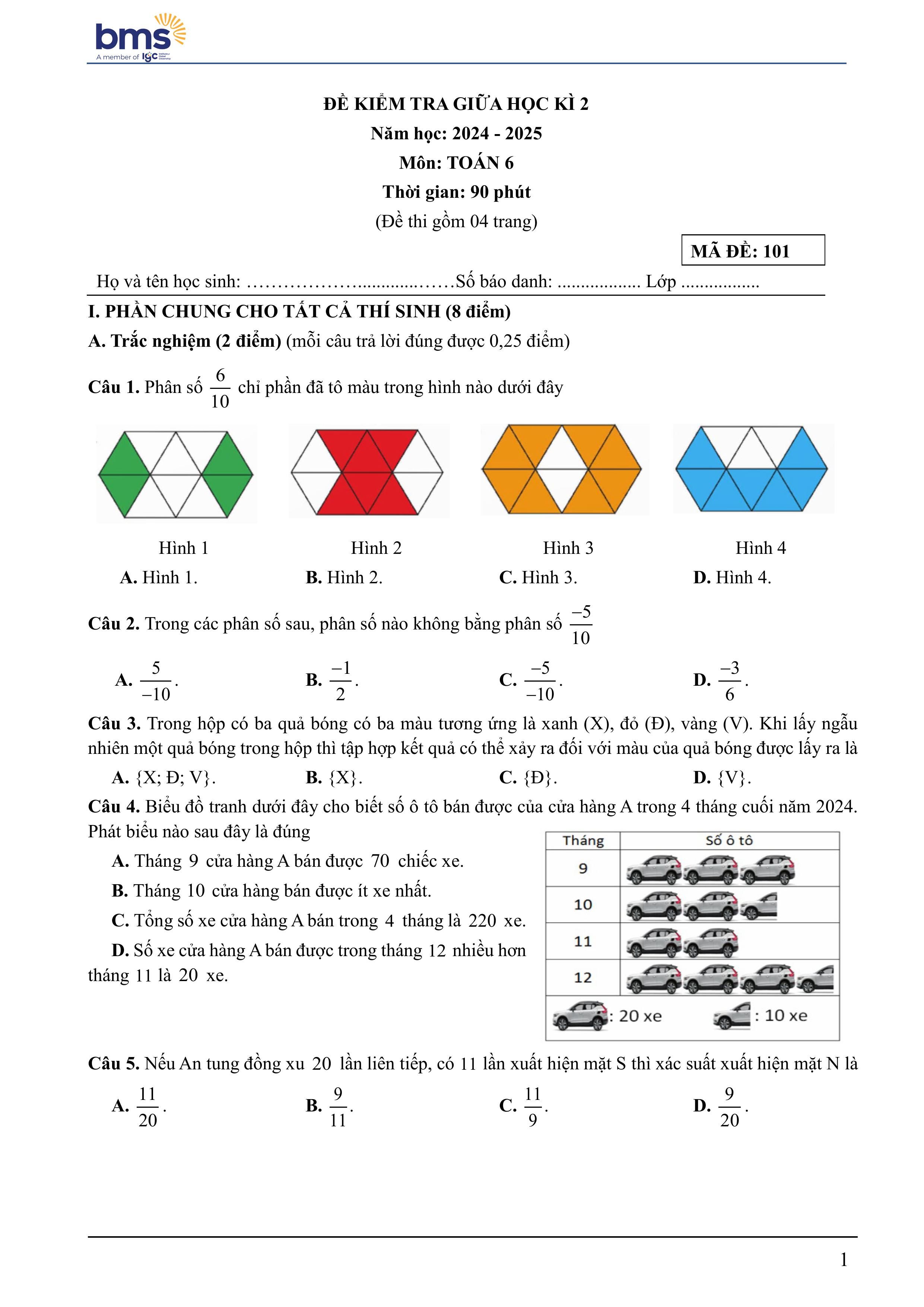 Đề thi Giữa kì 2 Toán 6 trường THCS Ban Mai School (Hà Nội) năm 2024–2025