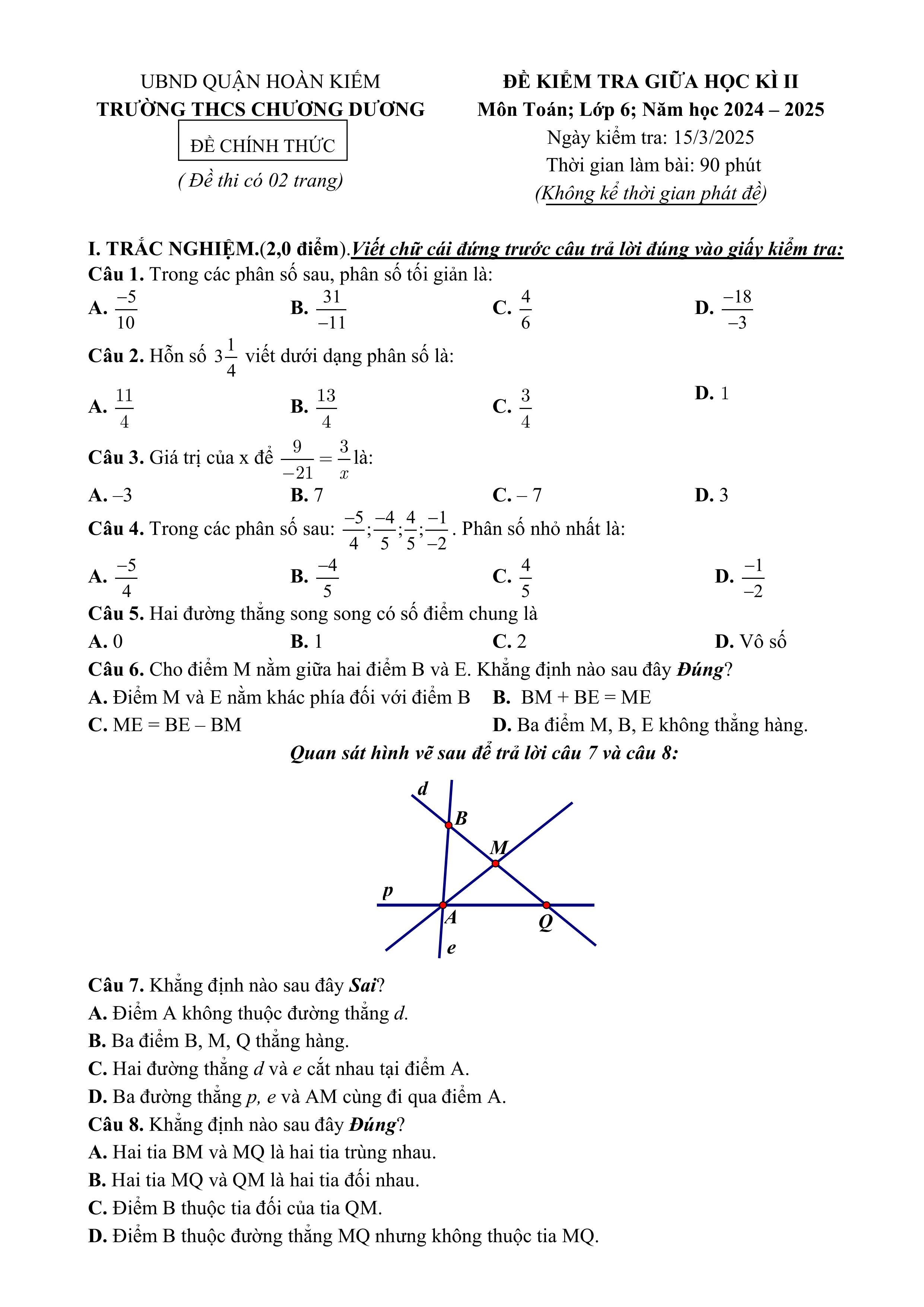 Đề thi Giữa kì 2 Toán 6 trường THCS Chương Dương (Hà Nội) năm 2024–2025